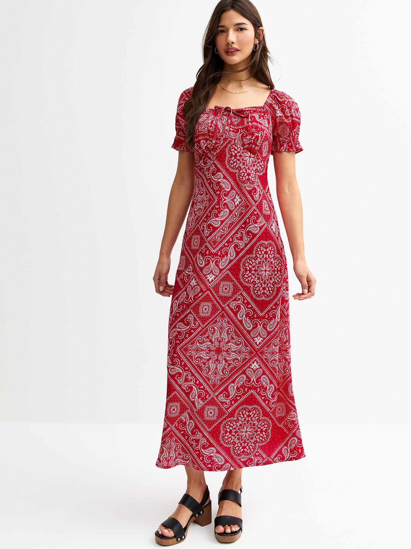 New Look Tile Print Square Neck Midi Dress - Red