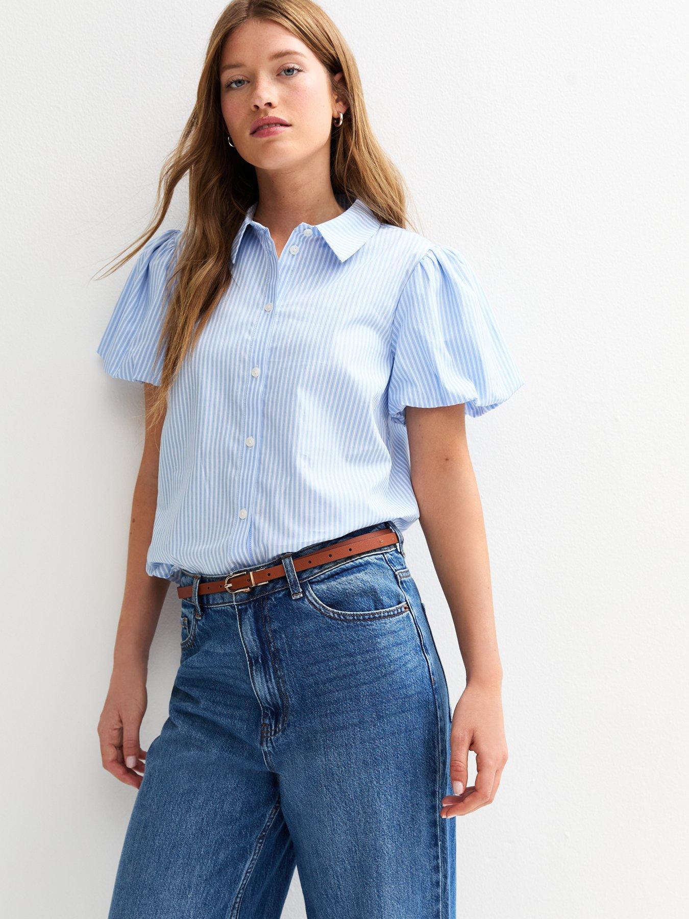 undefined Stripe Puff Sleeve Shirt - Blue