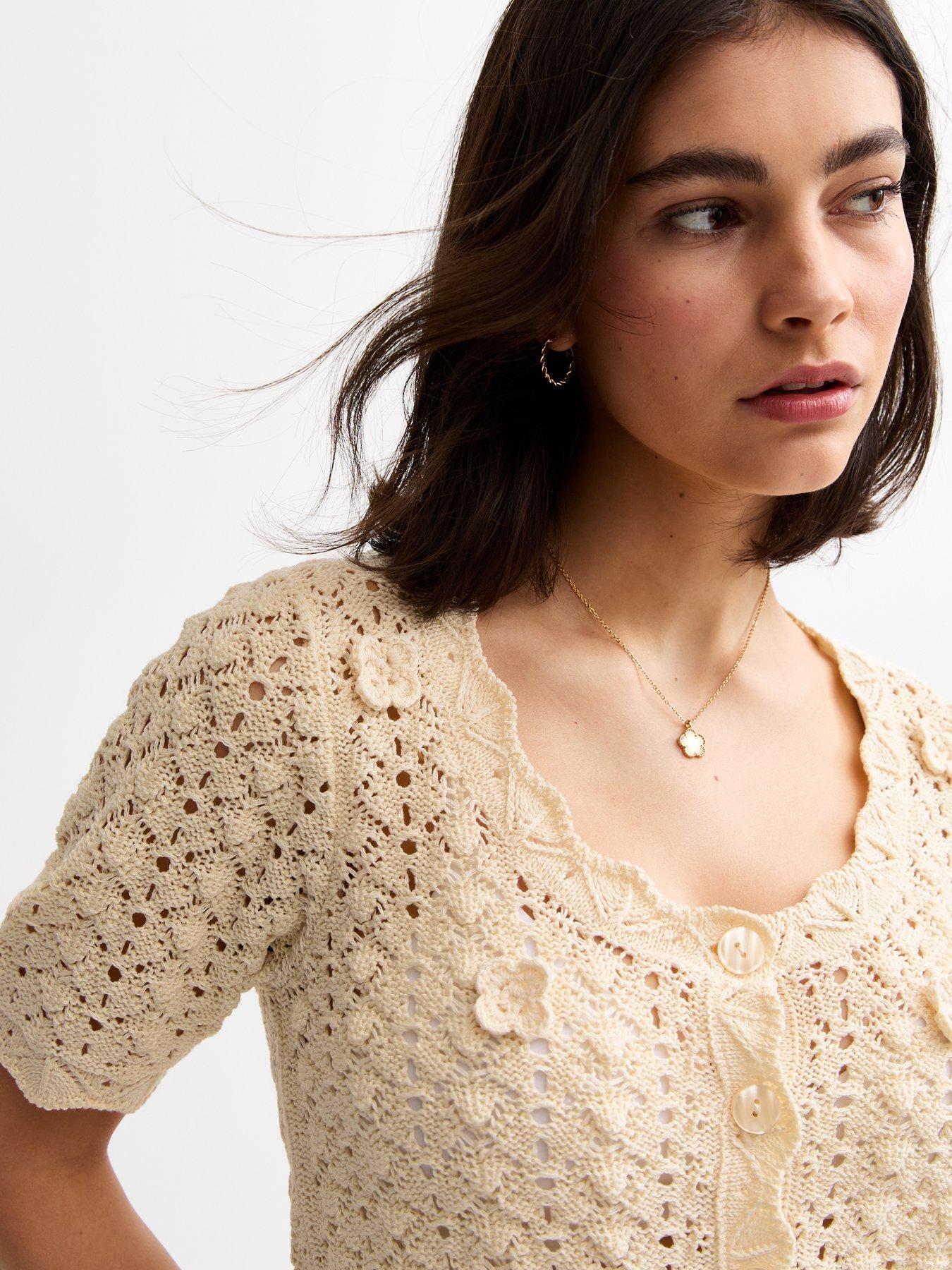  image of new-look-open-knit-floral-appliqued-cardigan-cream