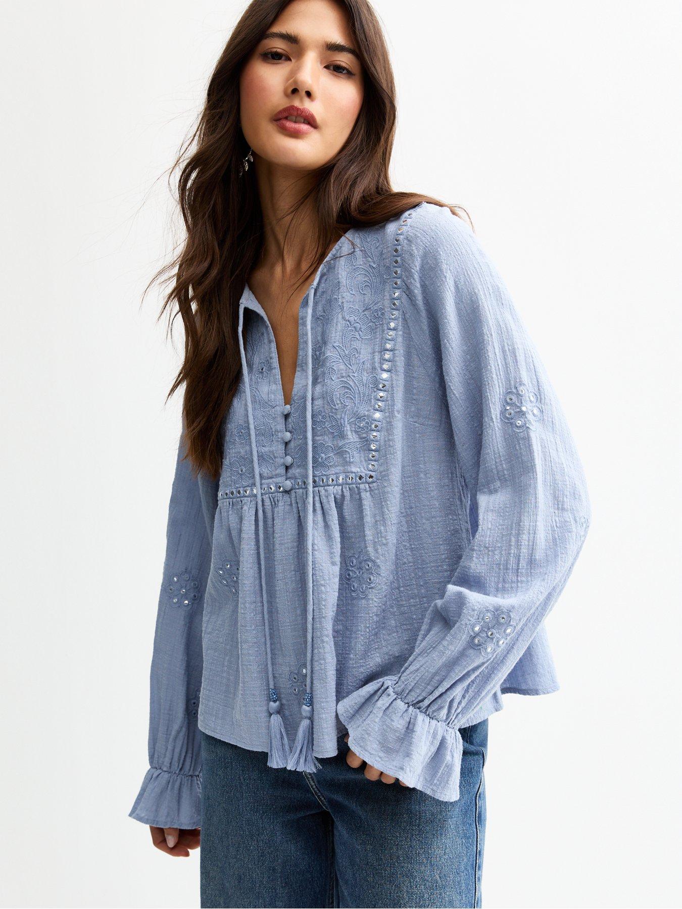 new-look-floral-mirror-embroidered-tie-neck-blouse-blue