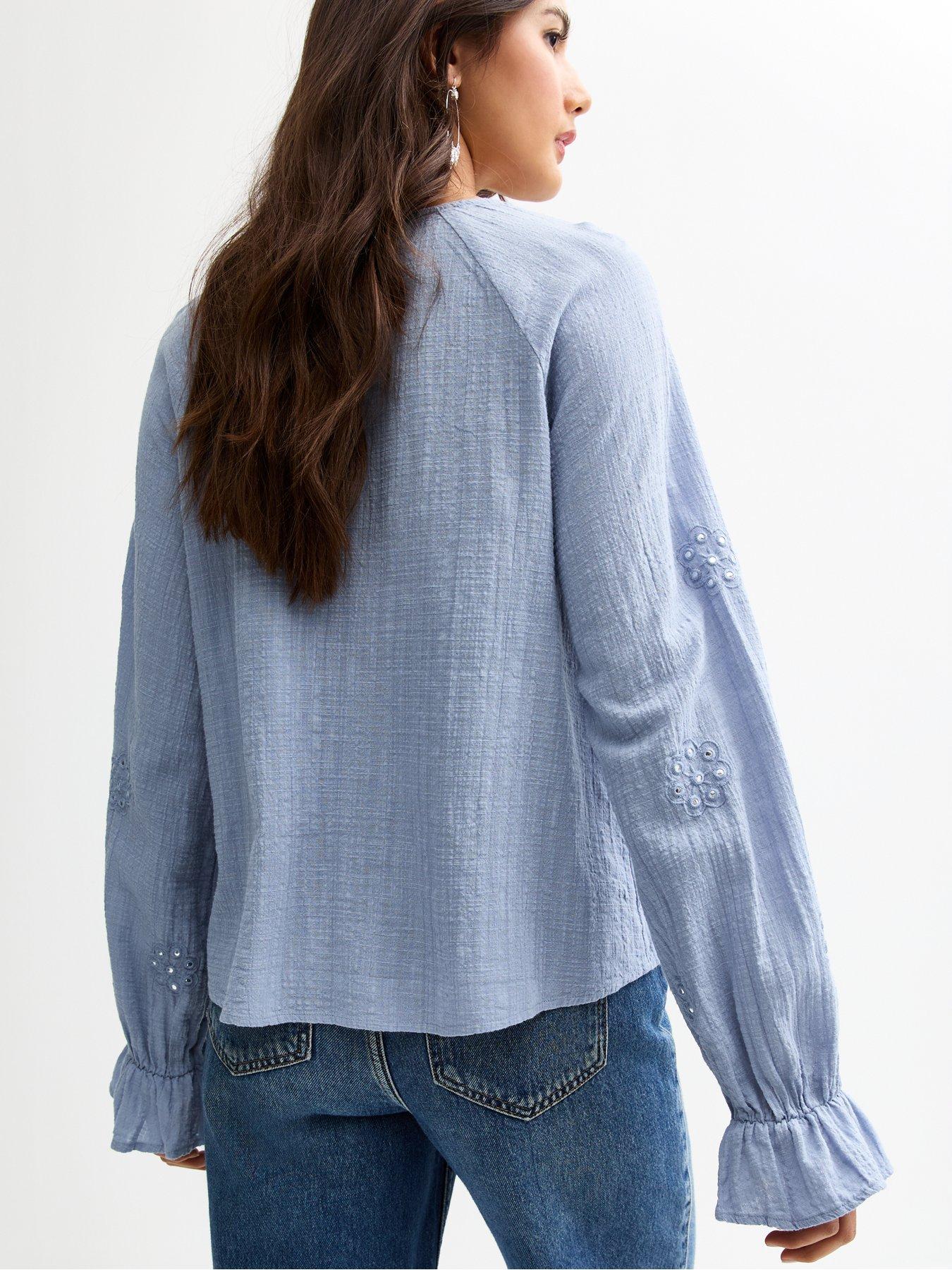stillFront image of new-look-floral-mirror-embroidered-tie-neck-blouse-blue
