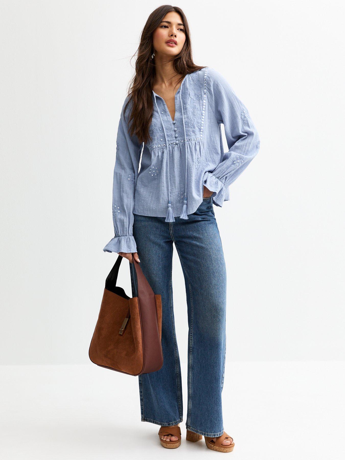 image of new-look-floral-mirror-embroidered-tie-neck-blouse-blue