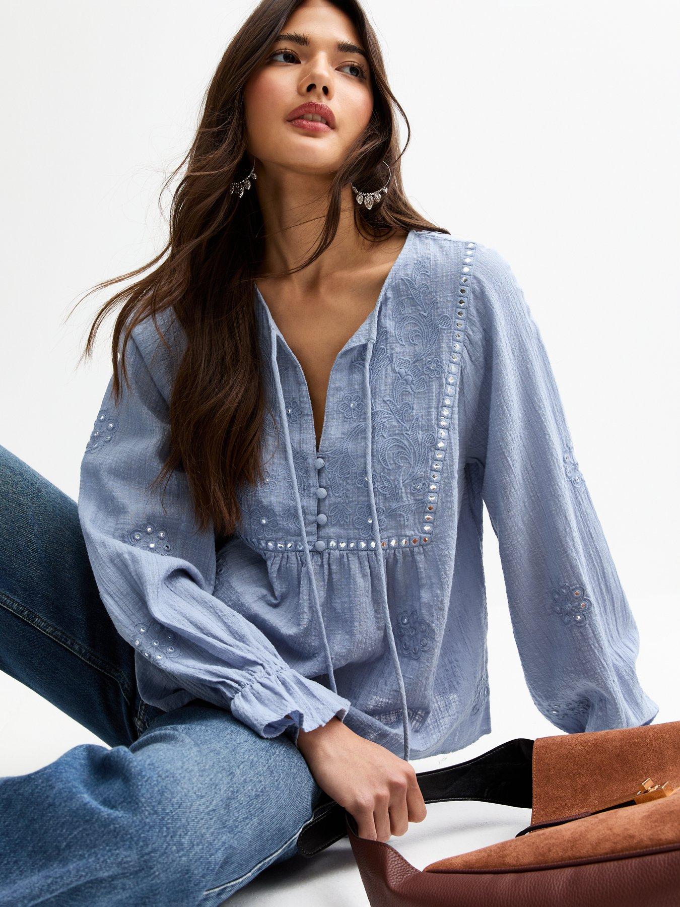  image of new-look-floral-mirror-embroidered-tie-neck-blouse-blue