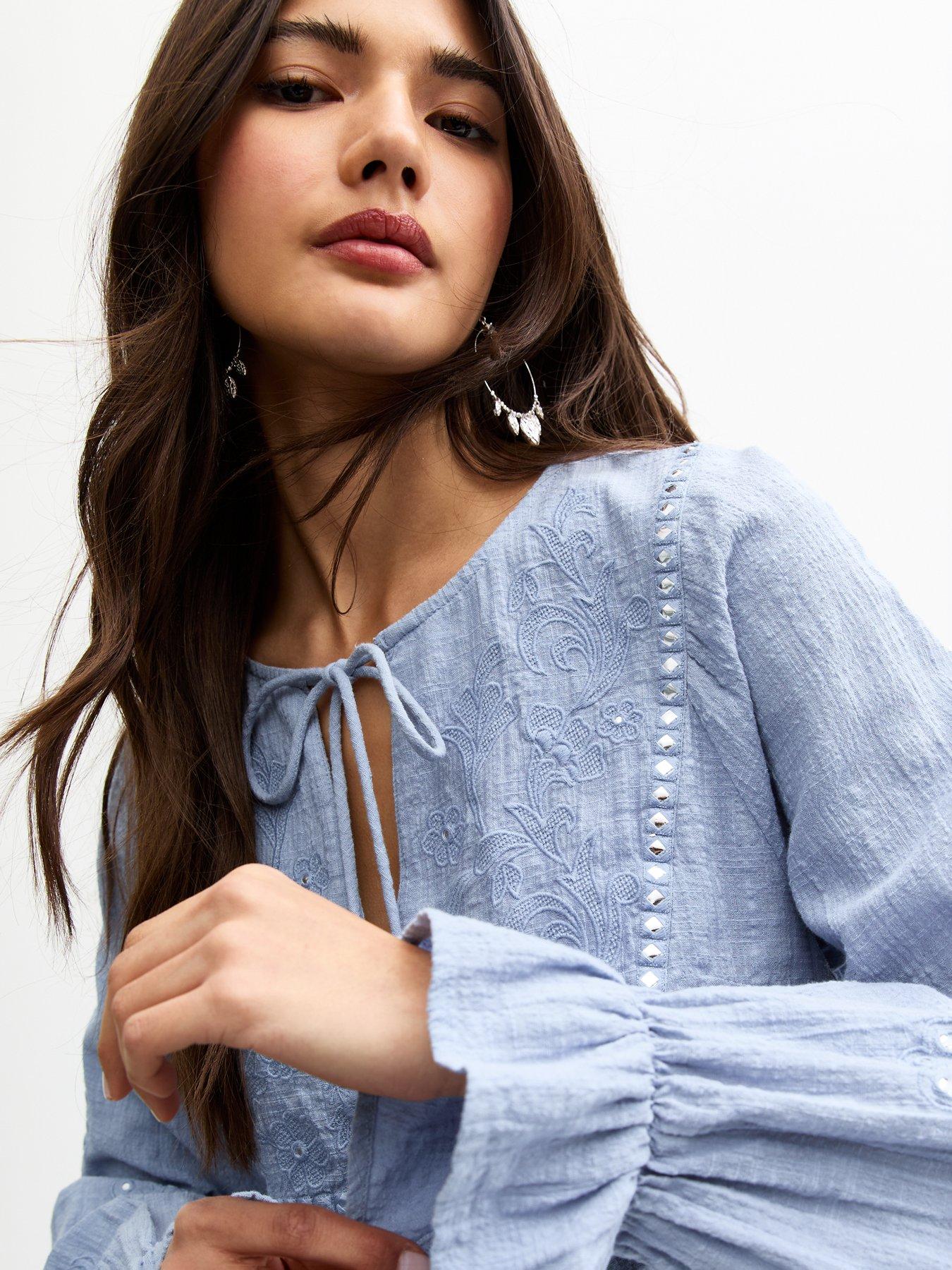  image of new-look-floral-mirror-embroidered-tie-neck-blouse-blue