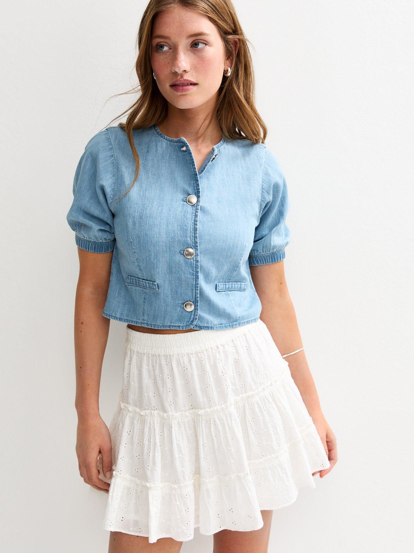 new-look-denim-puff-sleeve-button-down-top-blue