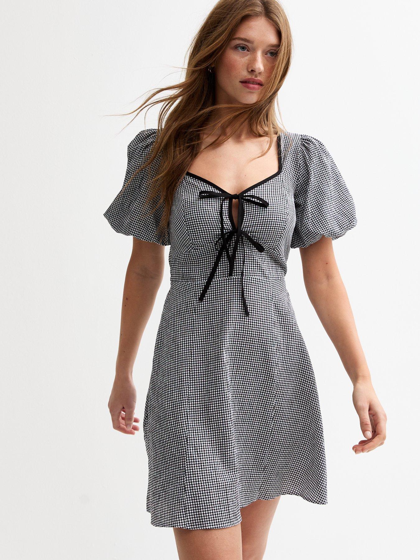 new-look-gingham-tie-neck-mini-dress-black