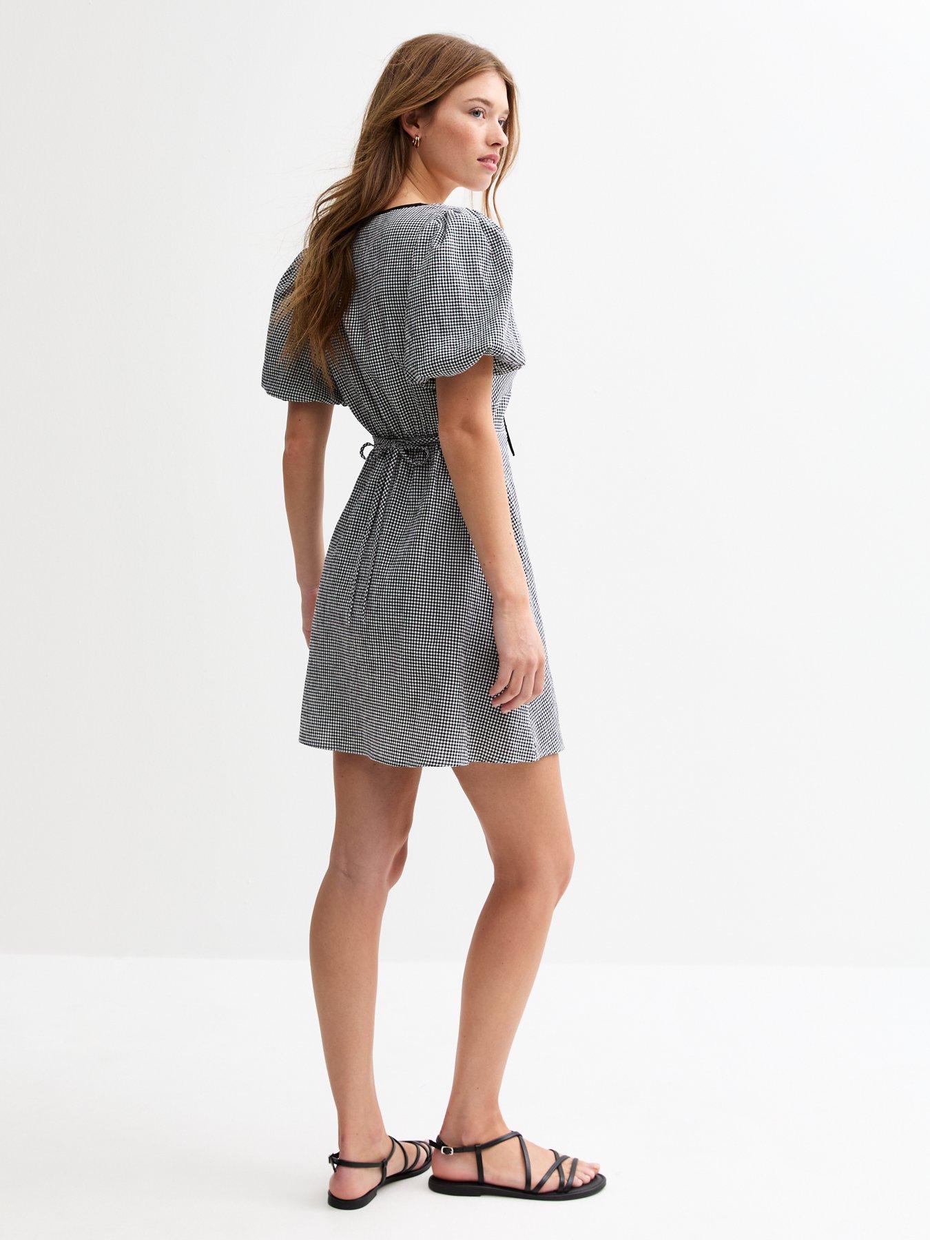 stillFront image of new-look-gingham-tie-neck-mini-dress-black