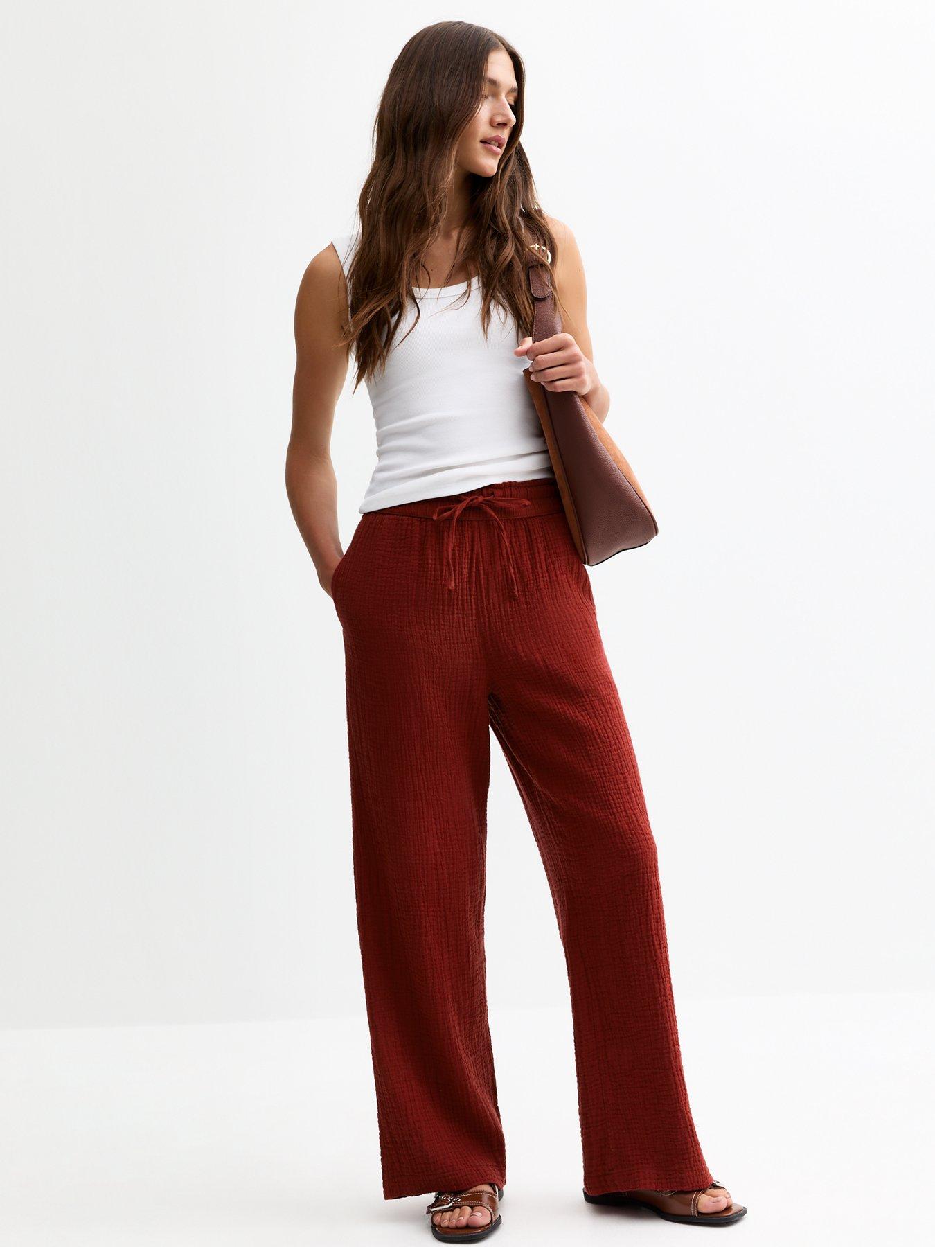 undefined Burgundy Double Cloth Wide Leg Trousers - Red
