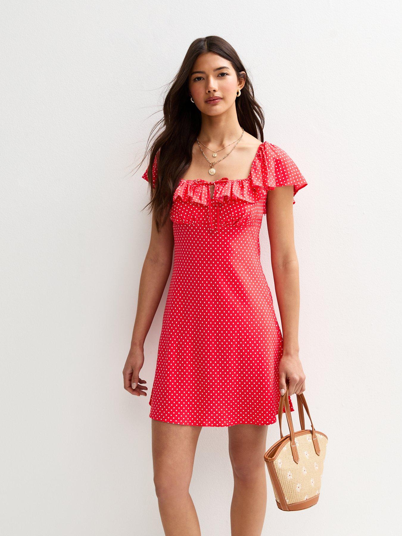 undefined Polkadot Print Frill Trim Mini Dress - Red