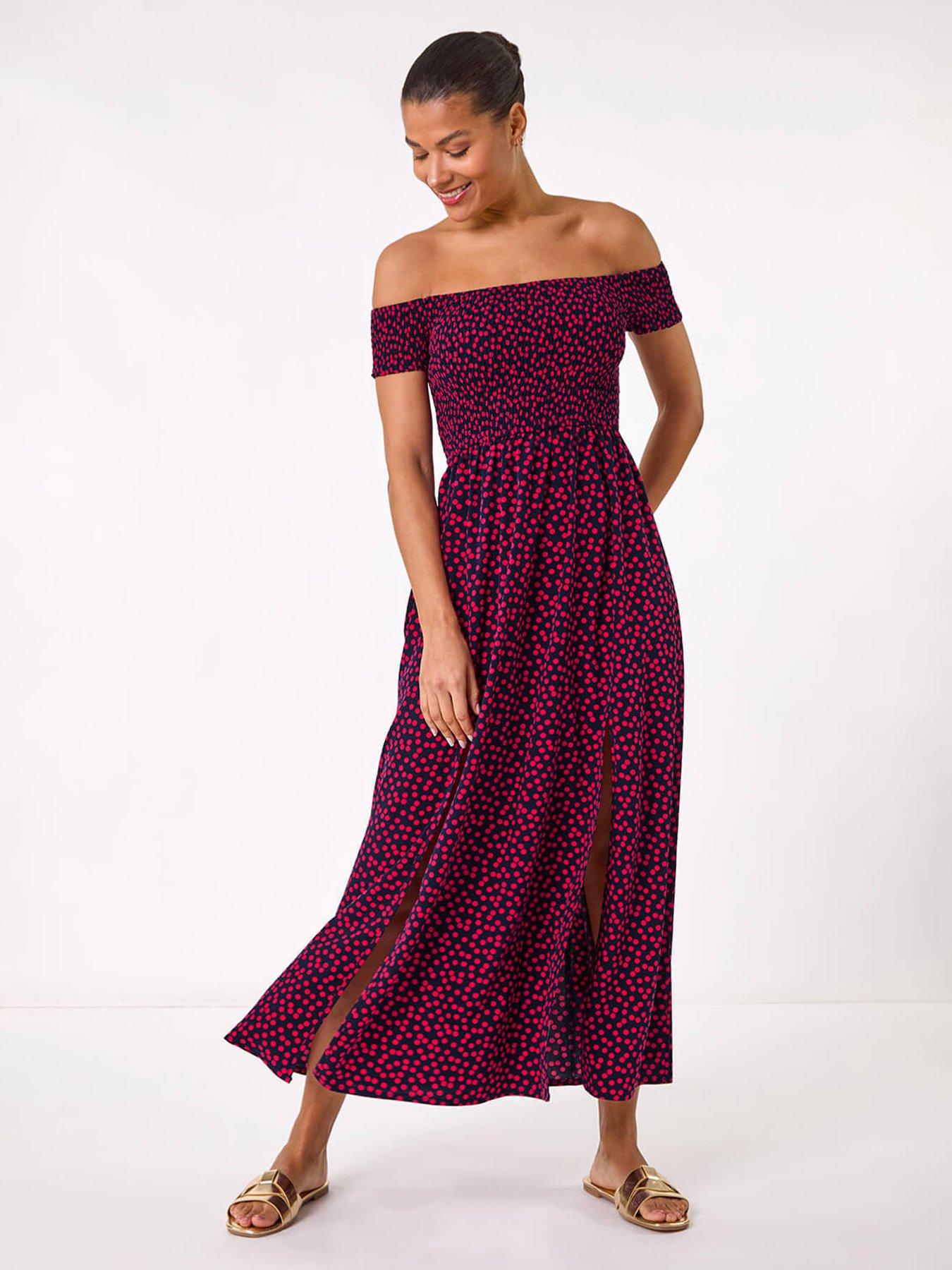undefined Spot Print Shirred Bardot Maxi Dress