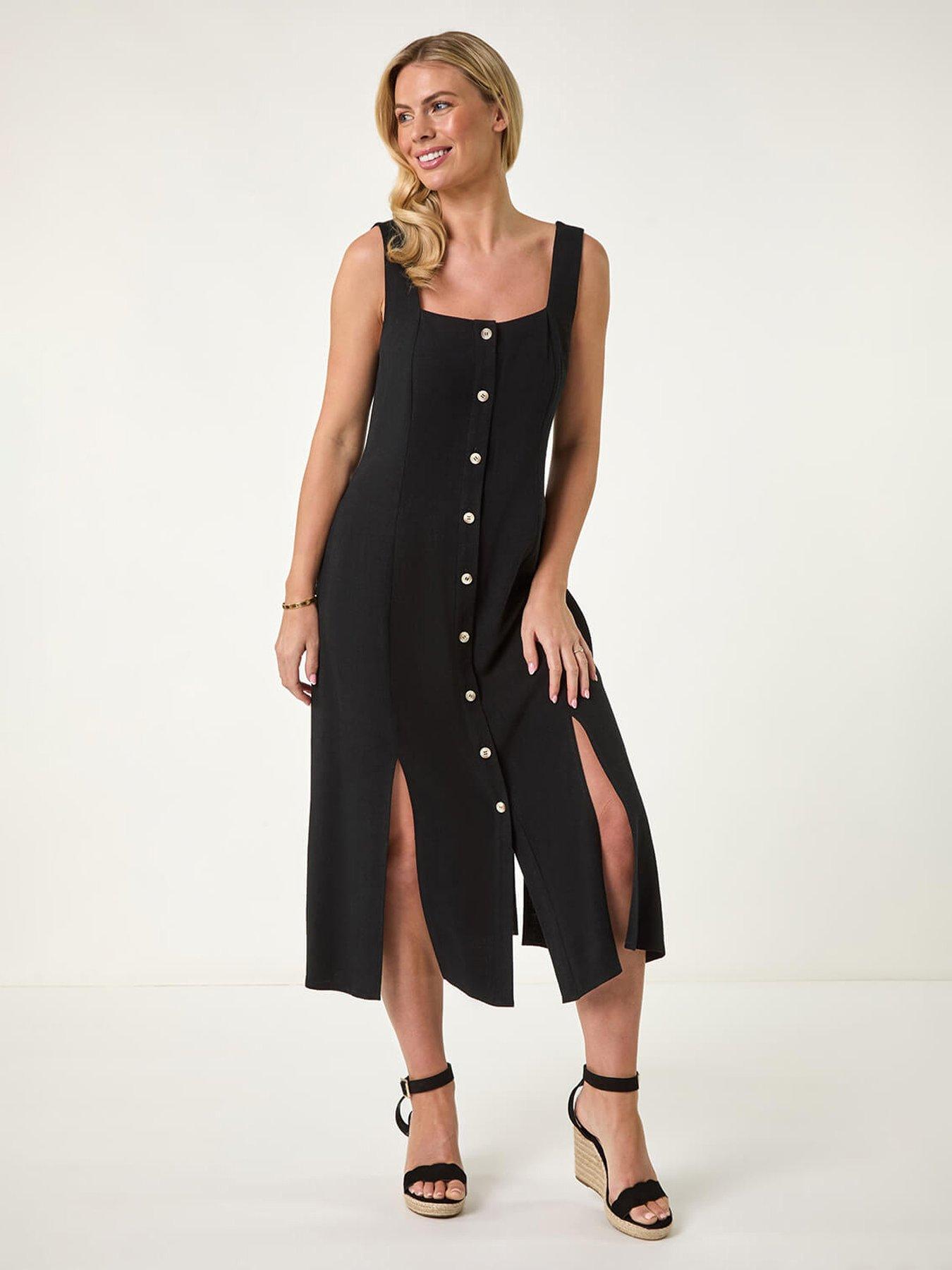 undefined Petite Square Neck Buttoned Midi Dress - Black