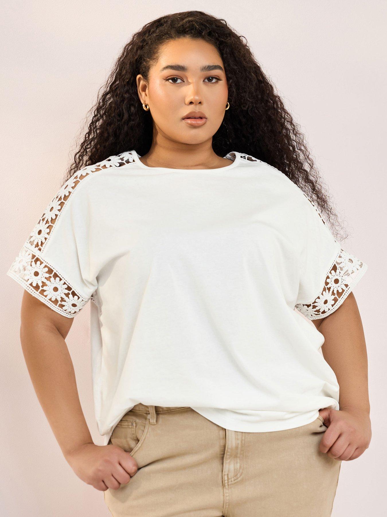  image of yours-curve-boxy-crochet-insert-t-shirt-white