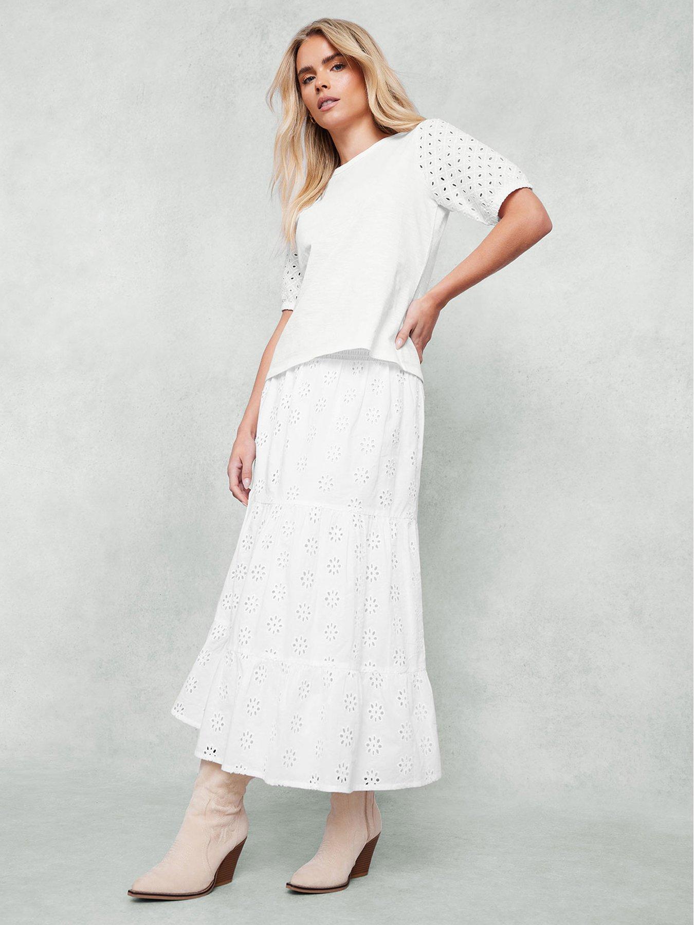 undefined Petite Shirred Waist Broderie Midi Skirt