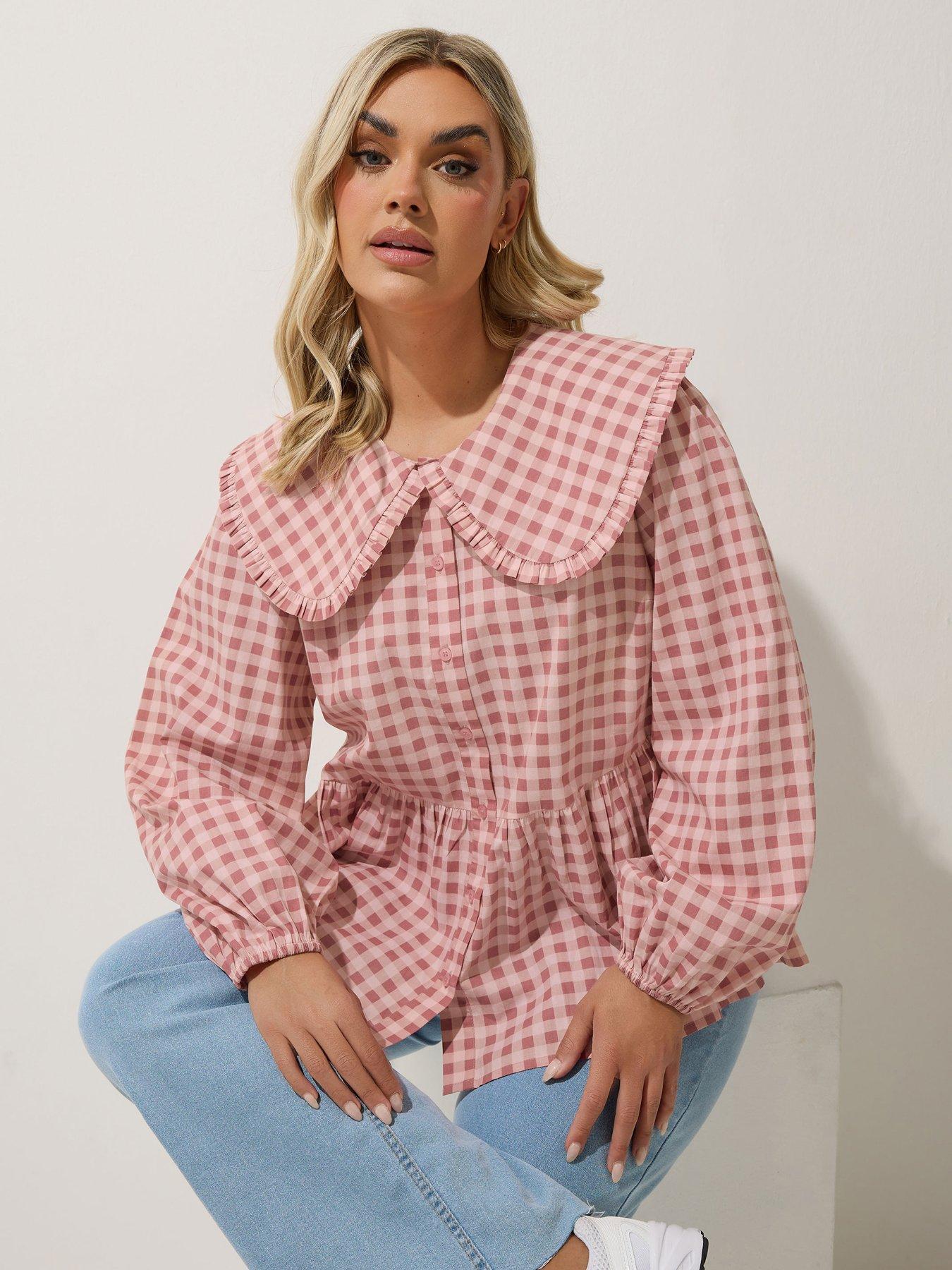 front image of yours-curve-gingham-collar-blouse-pink