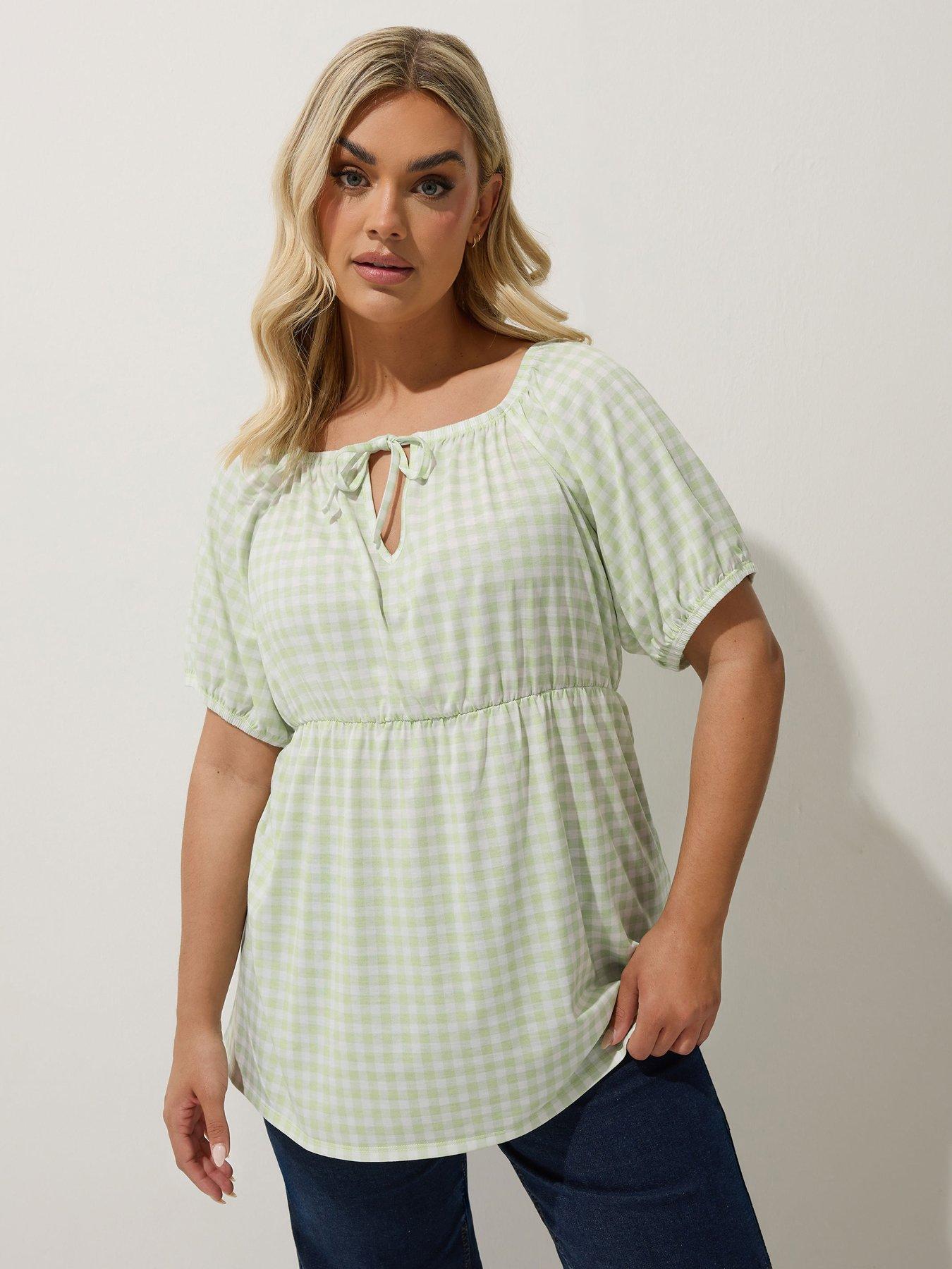 undefined Curve Gingham Puff Sleeve Top - Green