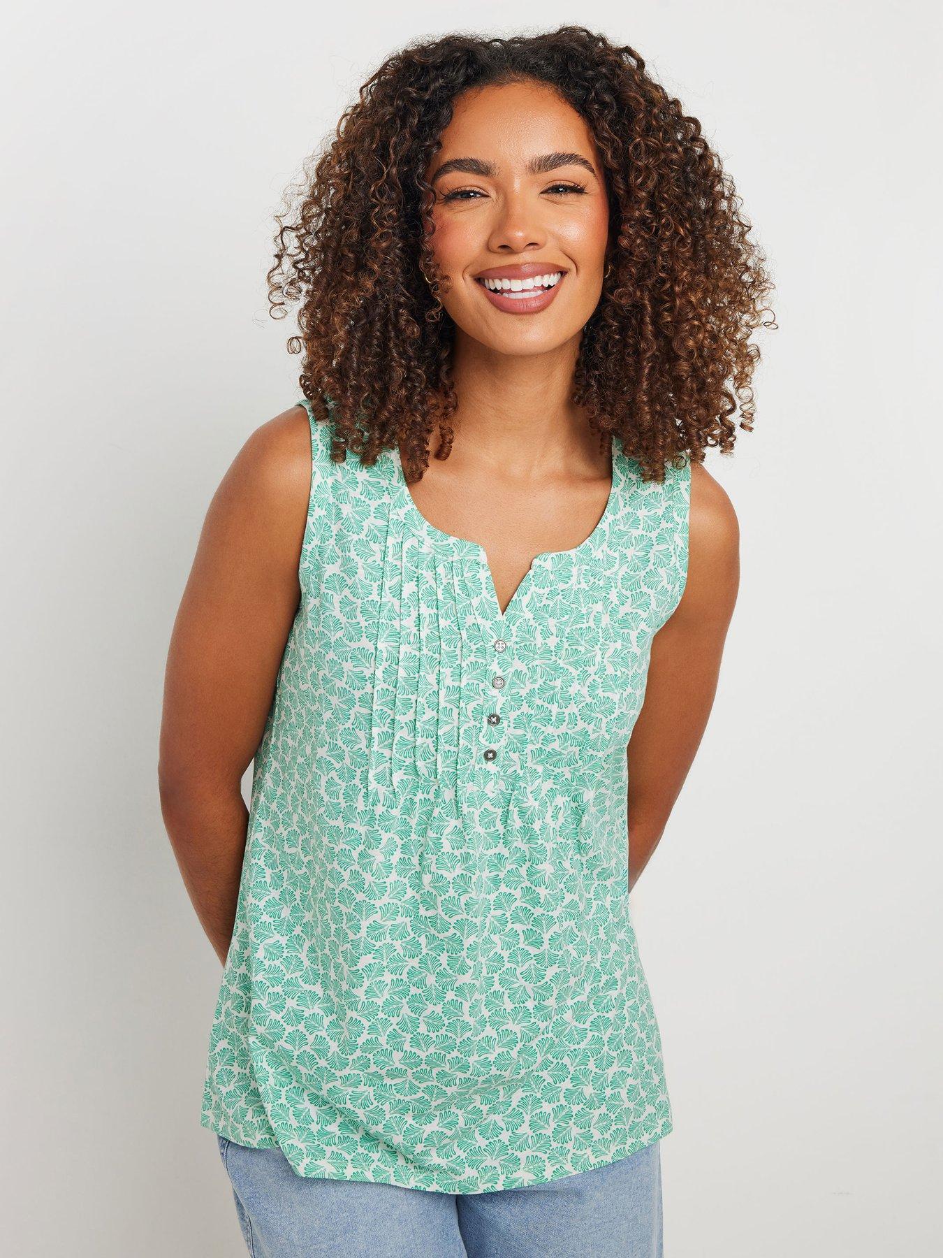 undefined Sleeveless Cotton Henley Top - Green