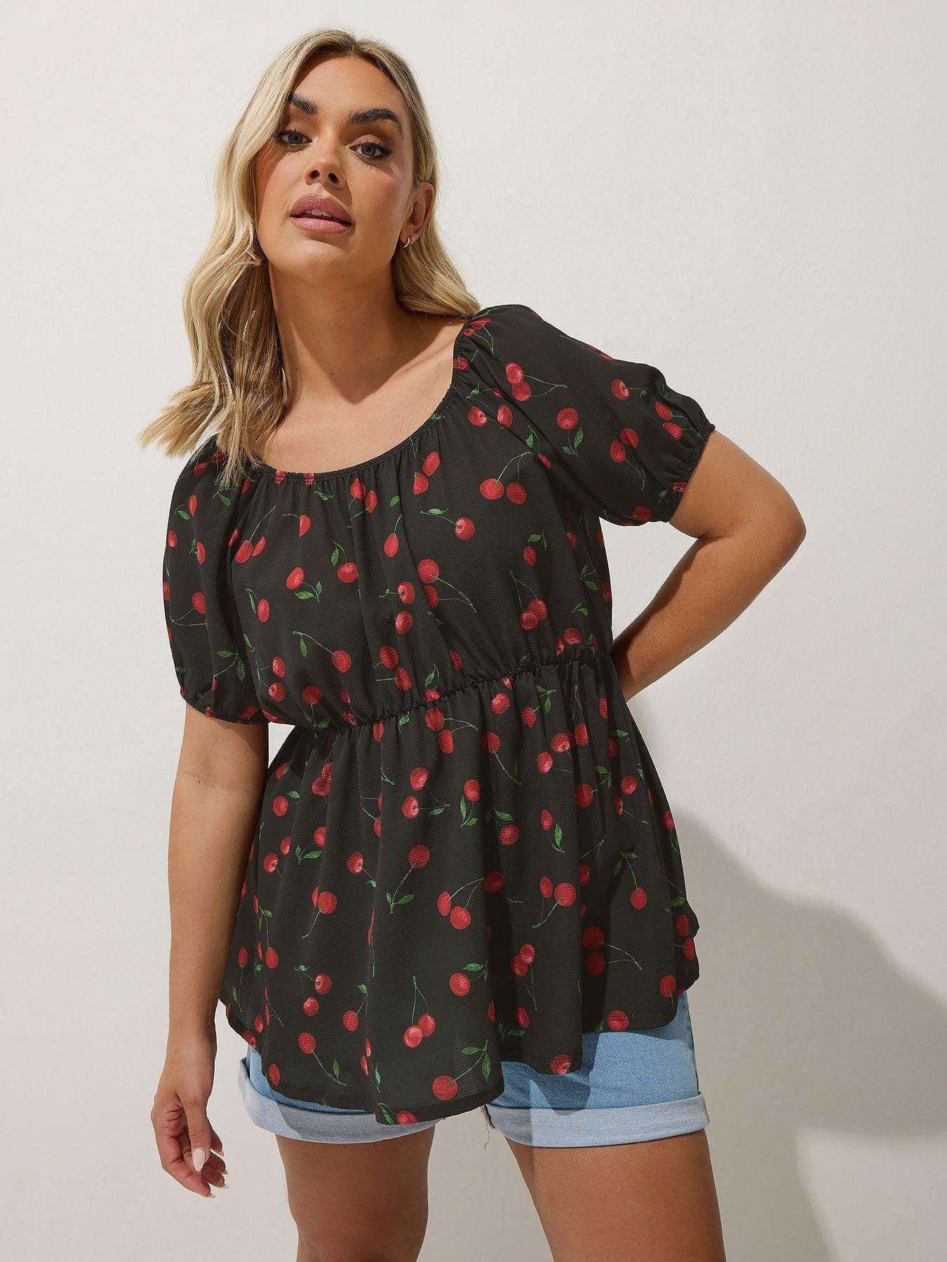 undefined Curve Cherry Puff Sleeve Top - Brown
