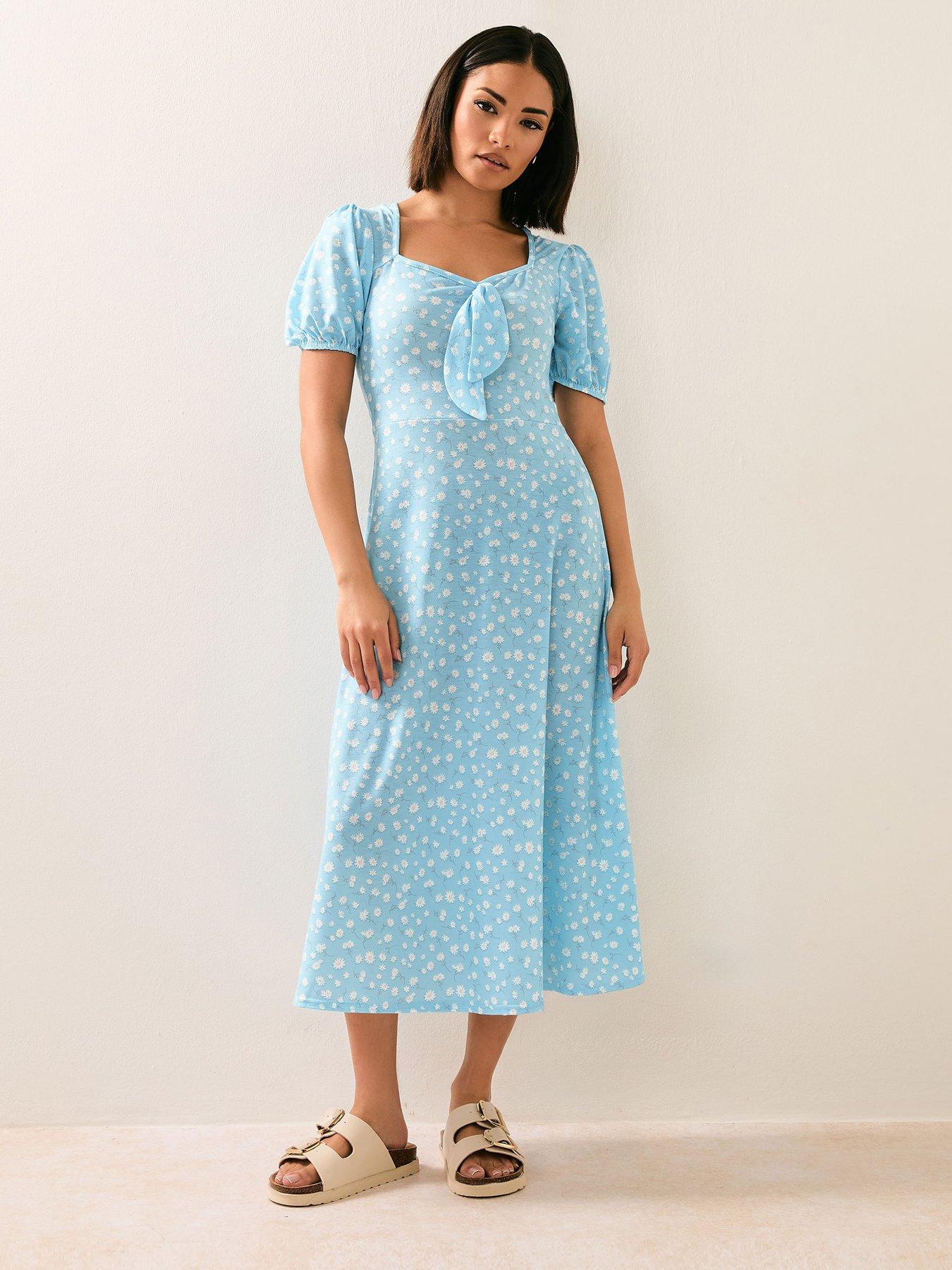  image of pixiegirl-petite-daisy-tie-front-midi-dress-blue