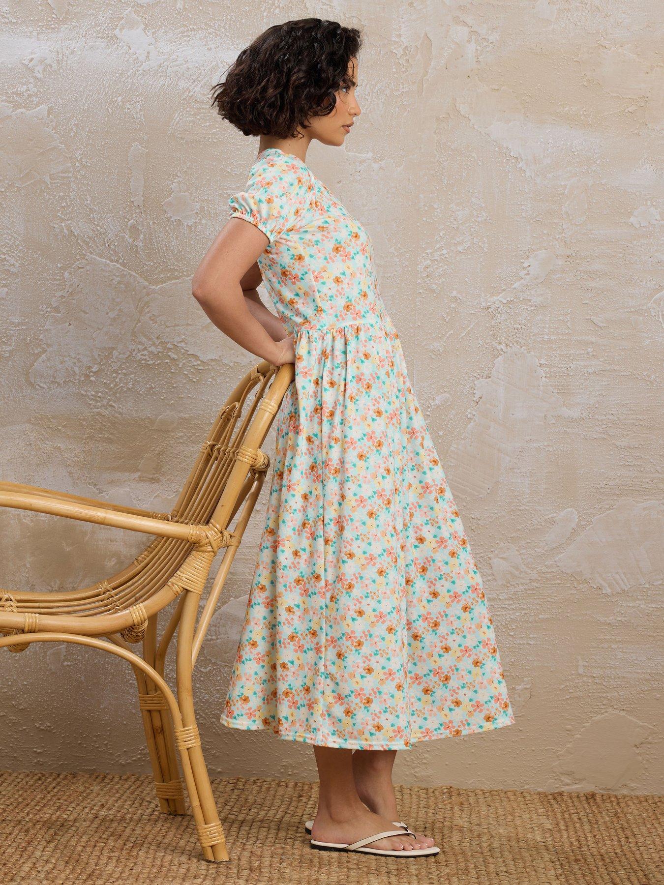  image of pixiegirl-petite-floral-v-neck-midi-dress-blue