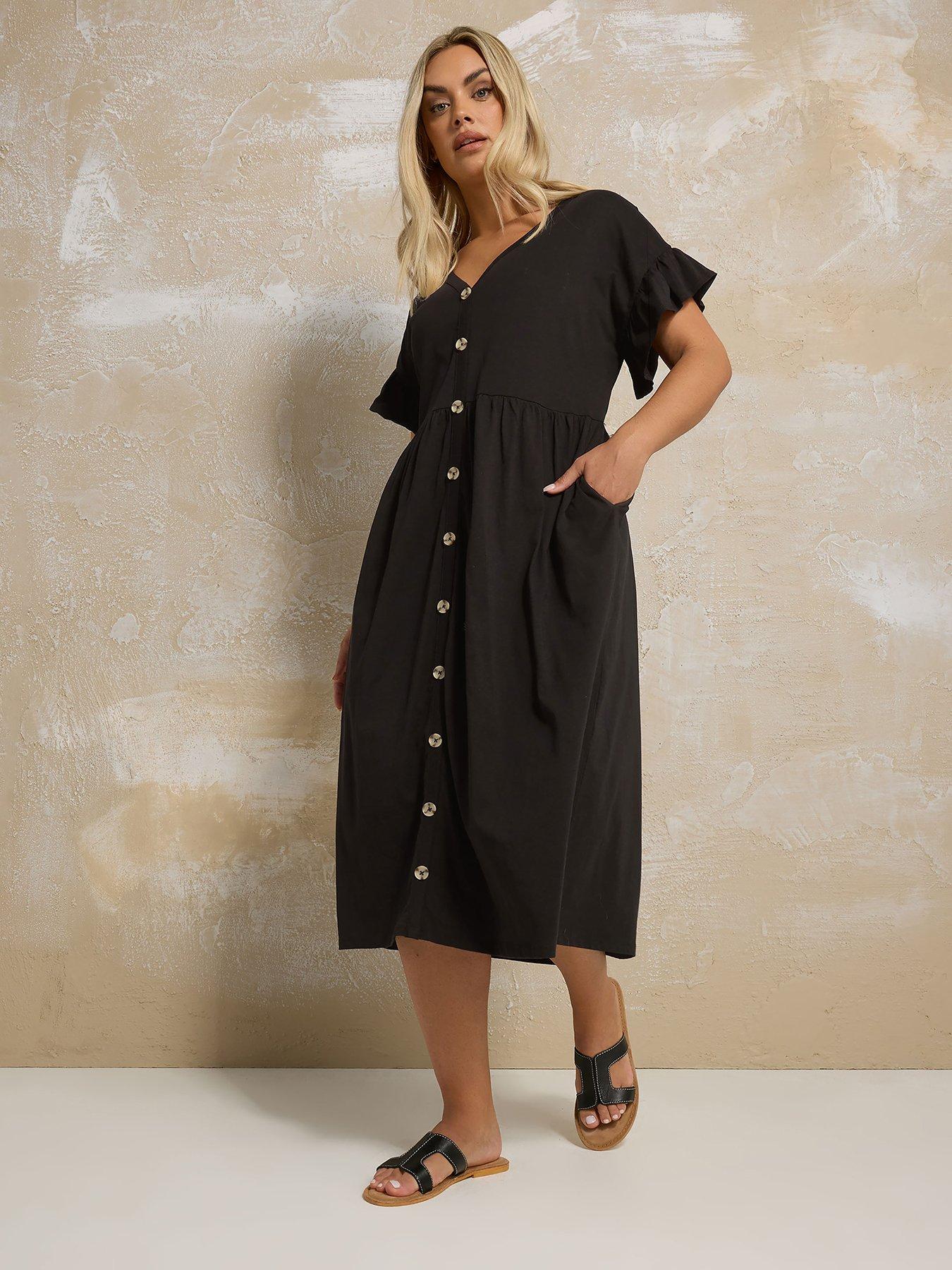 yours-curve-frill-sleeve-button-peplum-dress-black