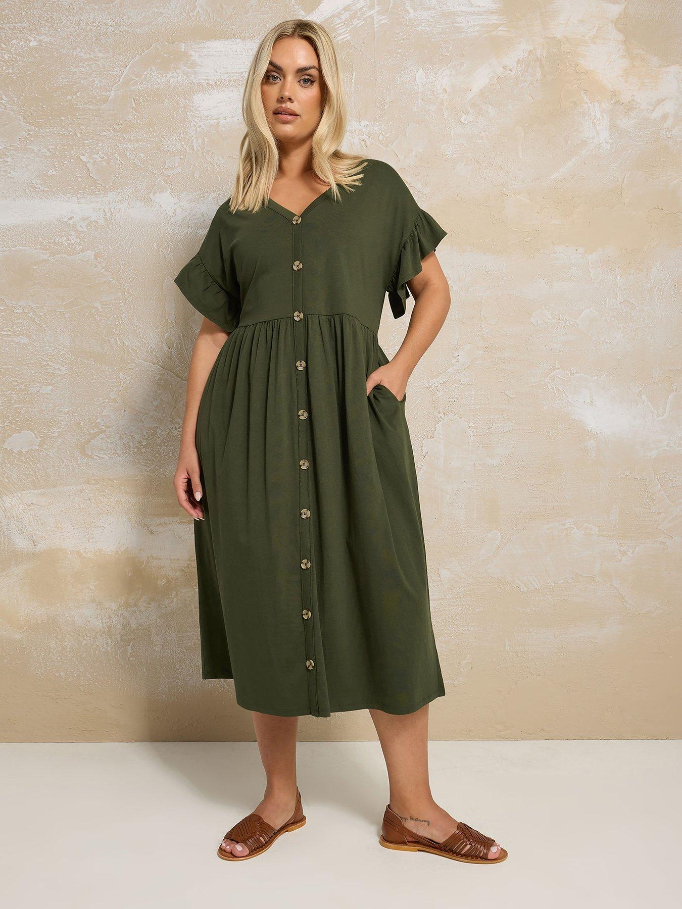undefined Curve Frill Sleeve Button Peplum Dress