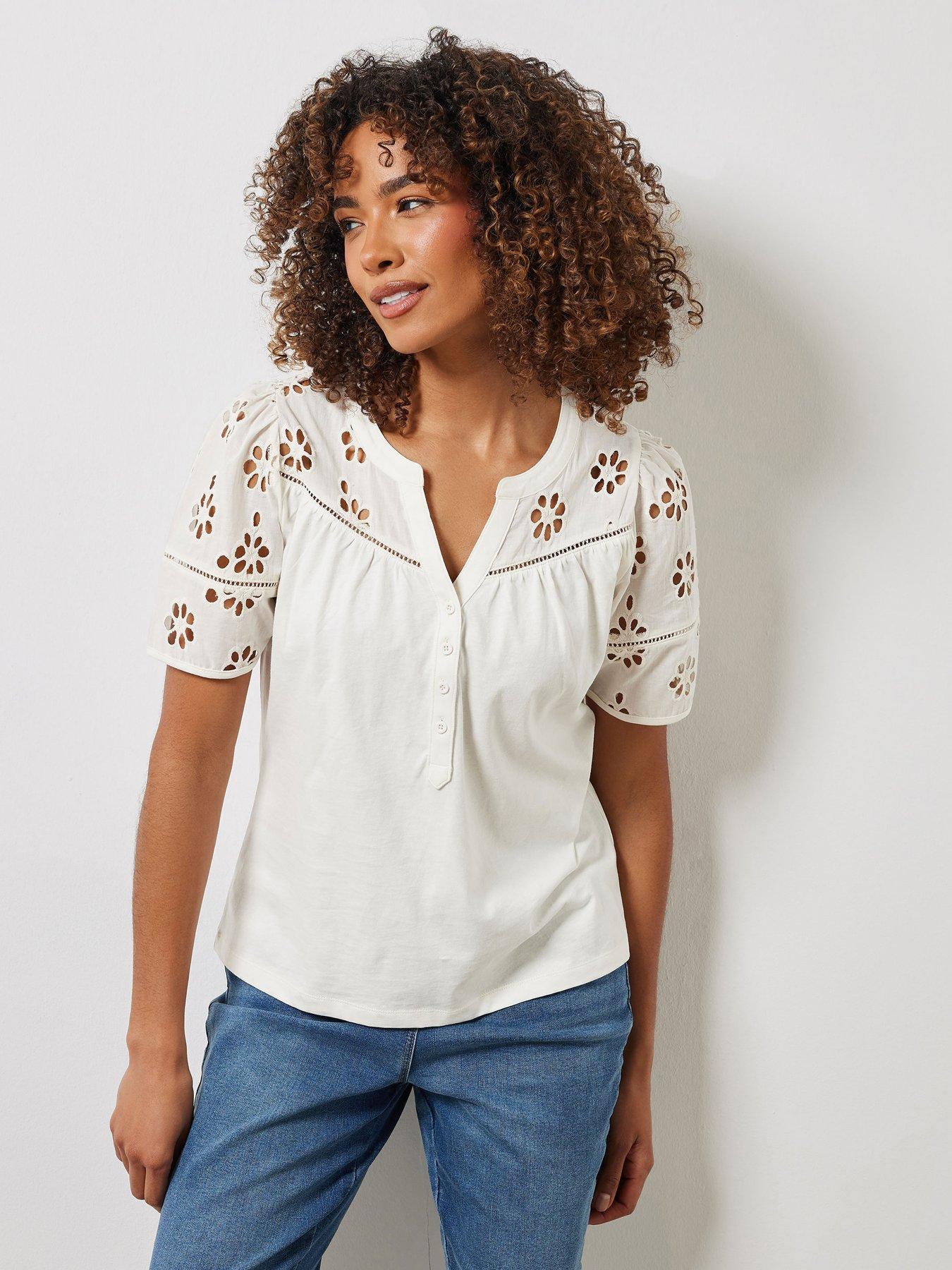 undefined Woven Broderie Sleeve T-Shirt - White