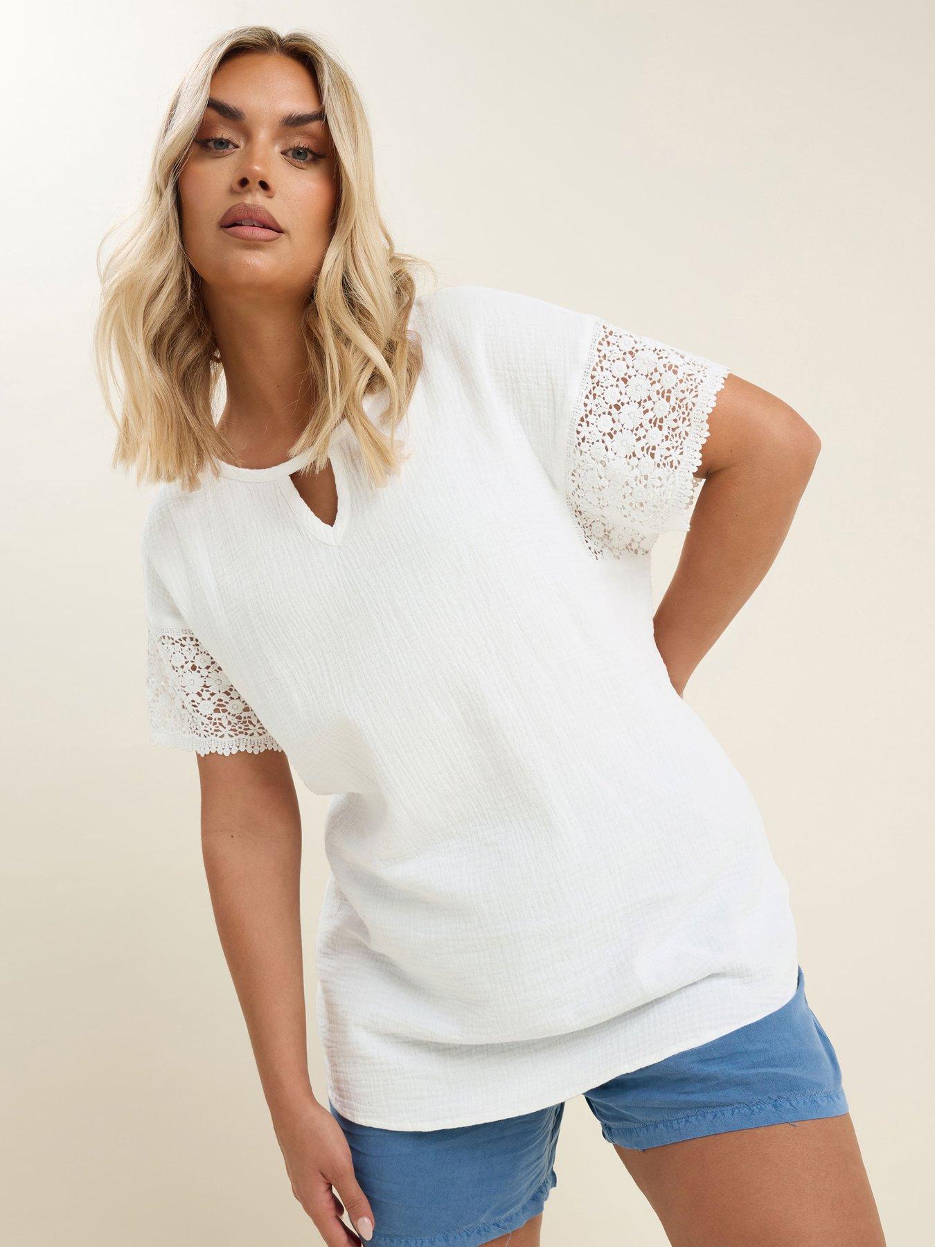 Image 1 of 4 of Yours Curve Cheesecloth Crochet Top - White