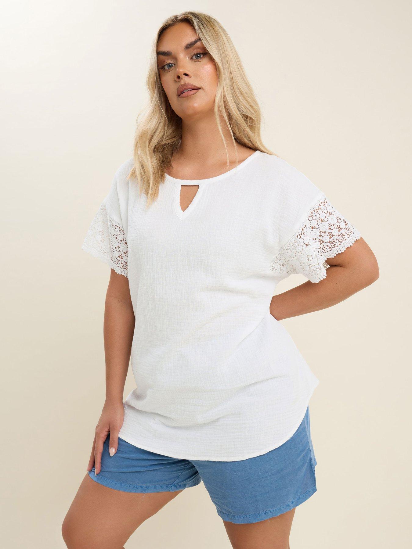 Image 4 of 4 of Yours Curve Cheesecloth Crochet Top - White