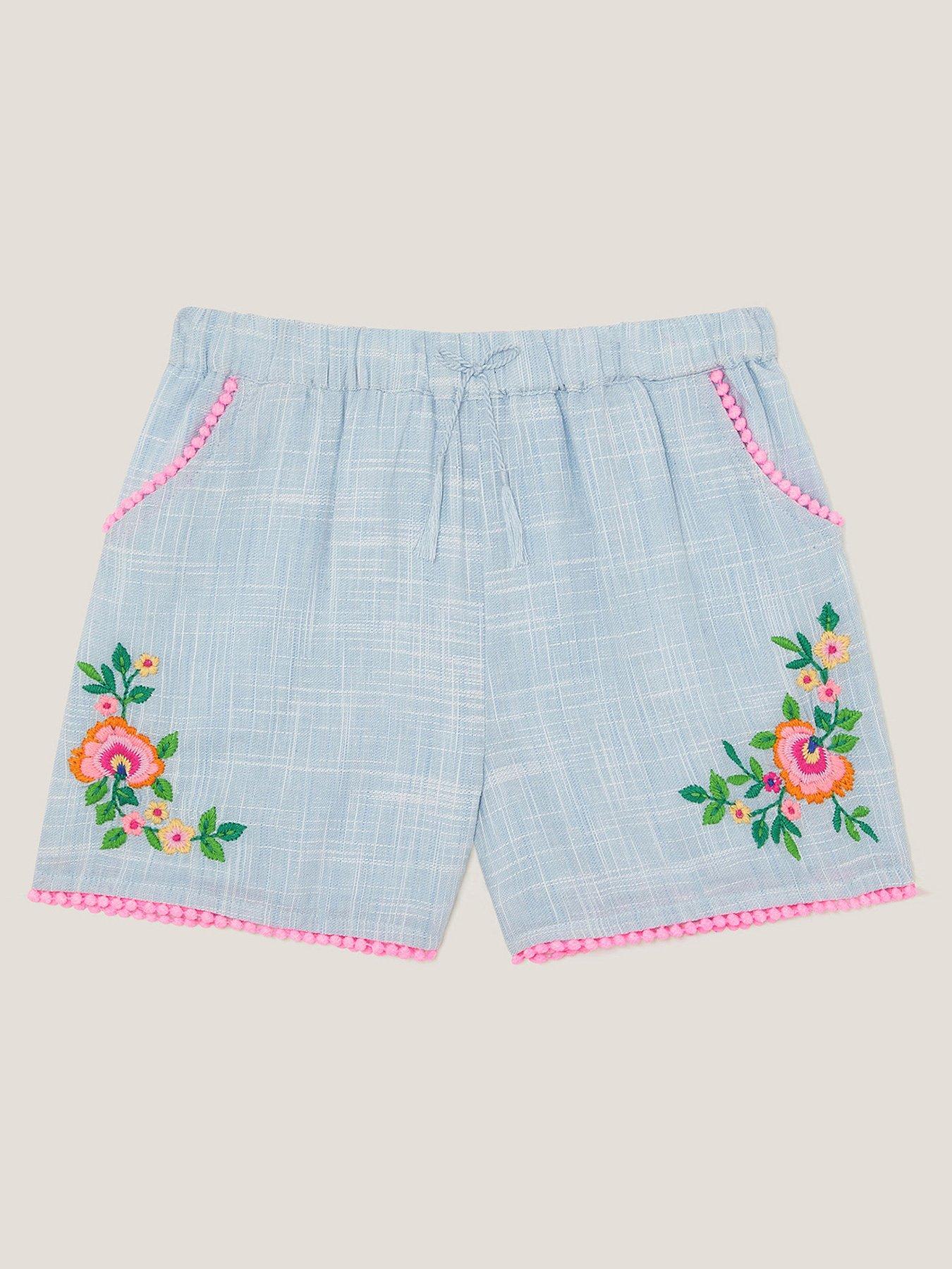  image of monsoon-girls-floral-embroidered-shorts-blue