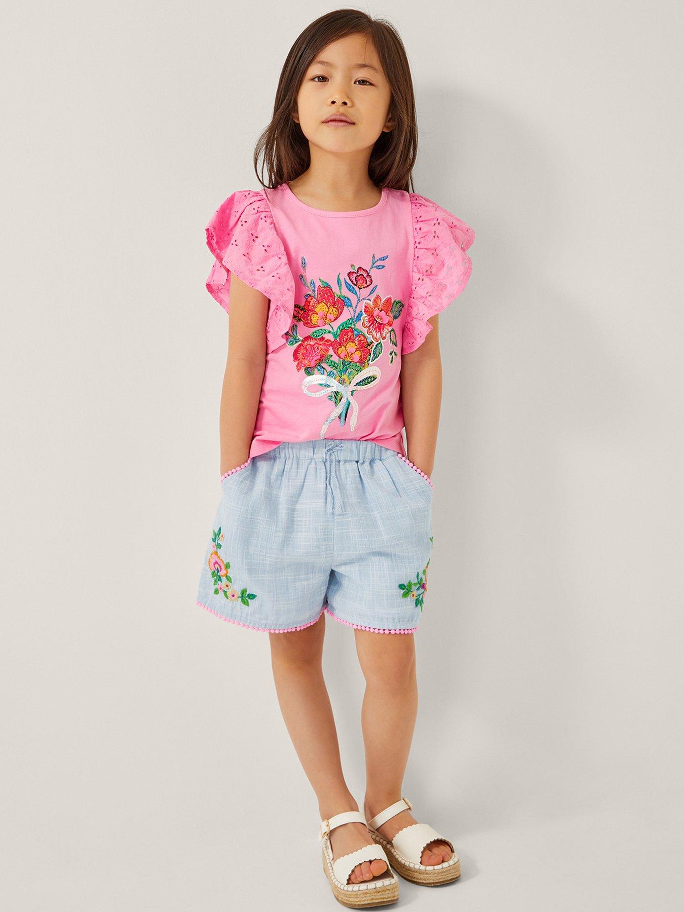  image of monsoon-girls-floral-embroidered-shorts-blue