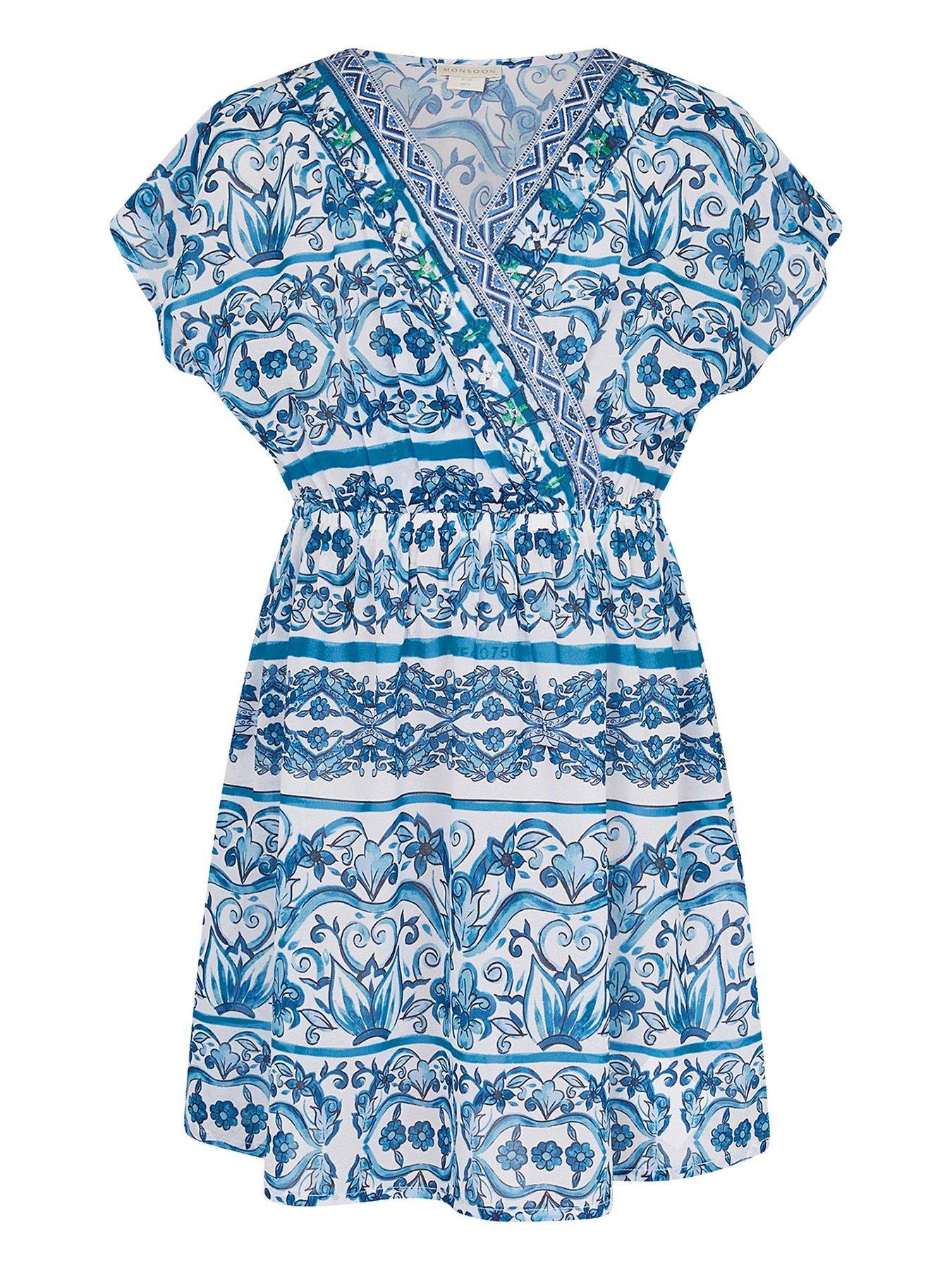 undefined Girls Ornate Floral Print Kaftan Dress - Blue