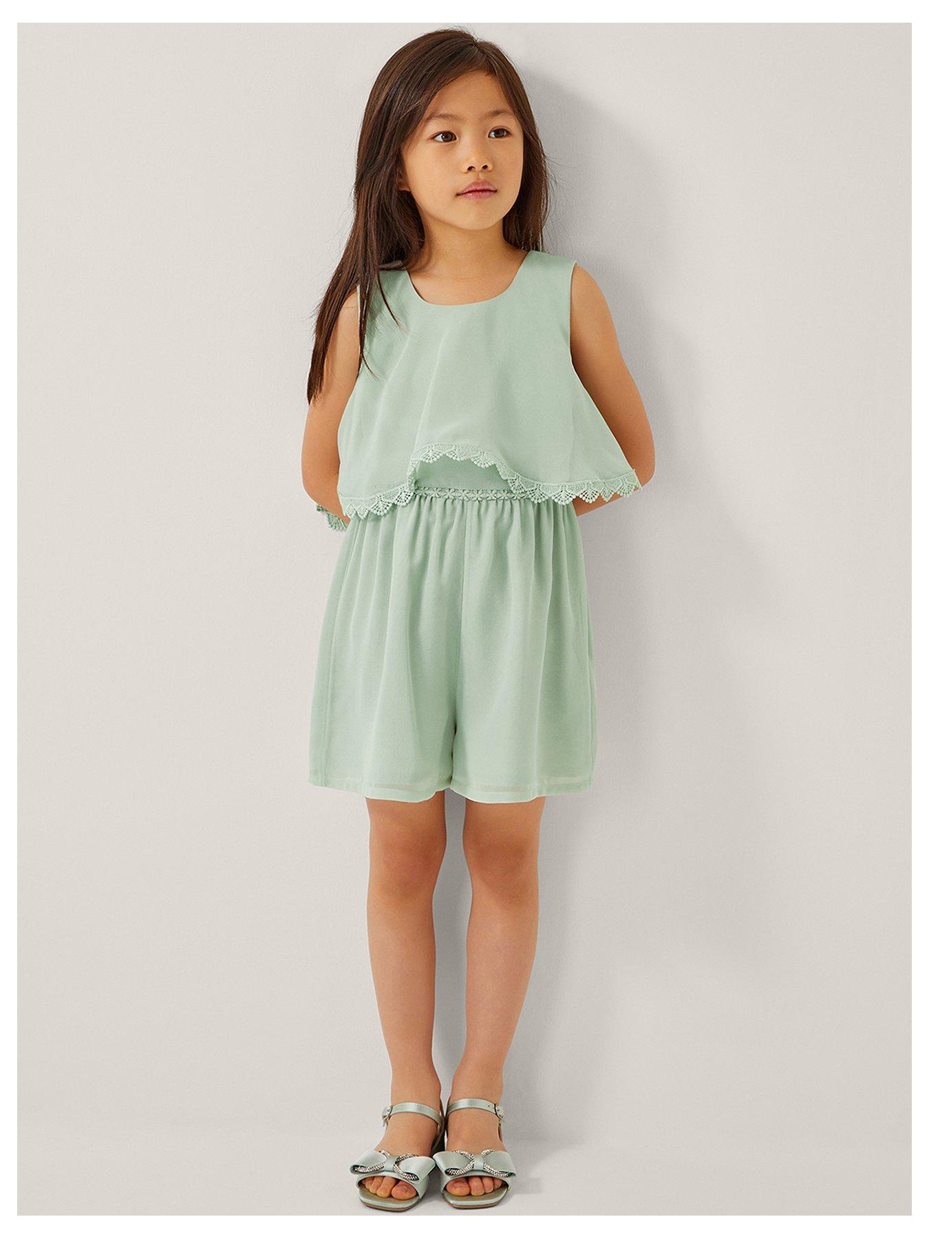undefined Girls Leia Tiered Lace Trim Dress - Light Green