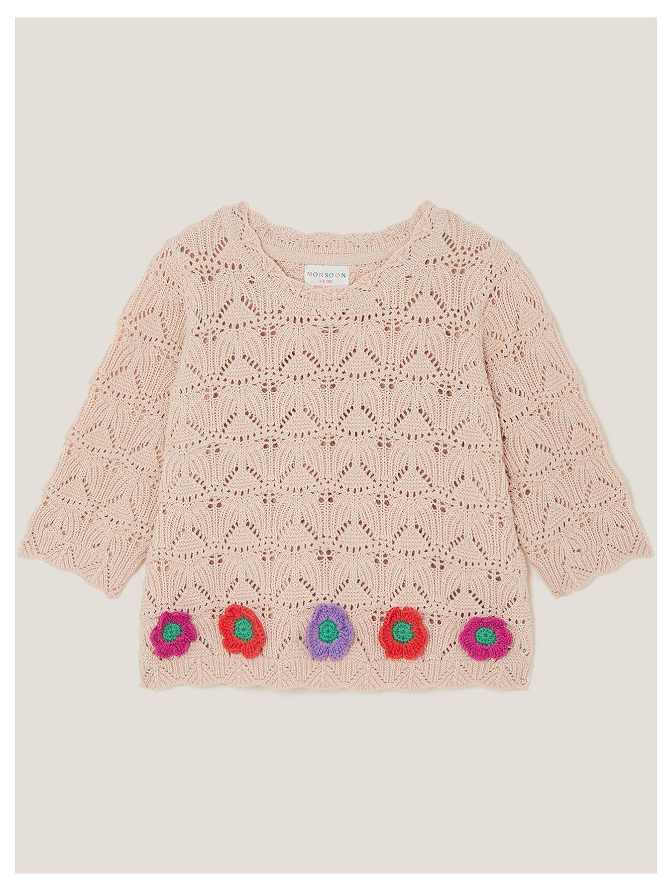 undefined Girls Crochet Flower 3/4 Sleeve Top - Light Cream