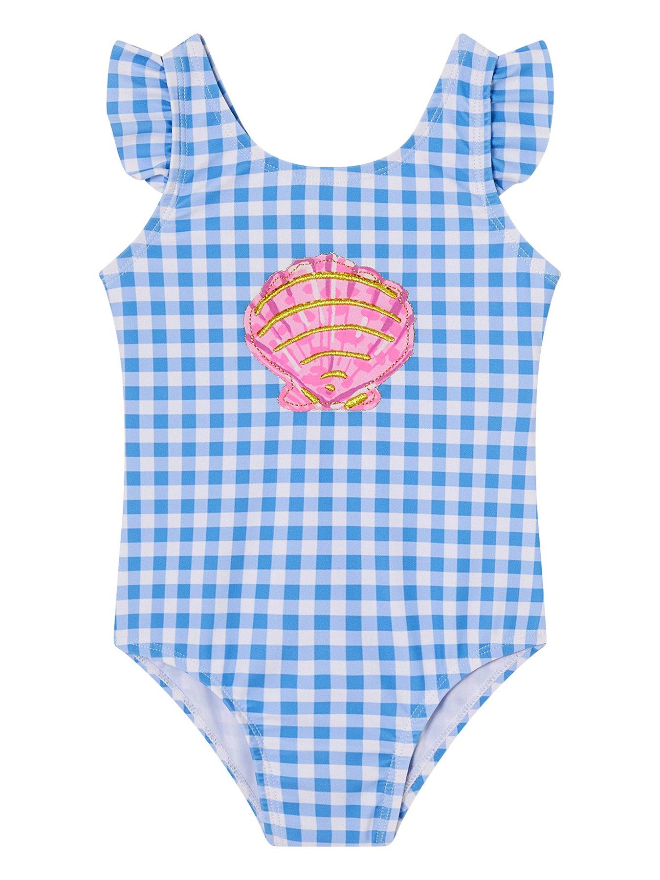  image of monsoon-baby-girls-gingham-seashell-swimsuit-multi
