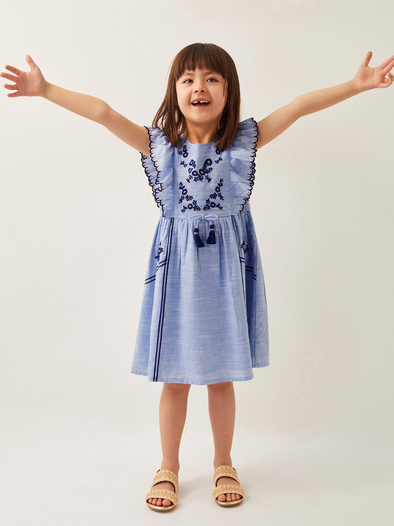 undefined Girls Floral Embroidered Frilly Dress - Blue
