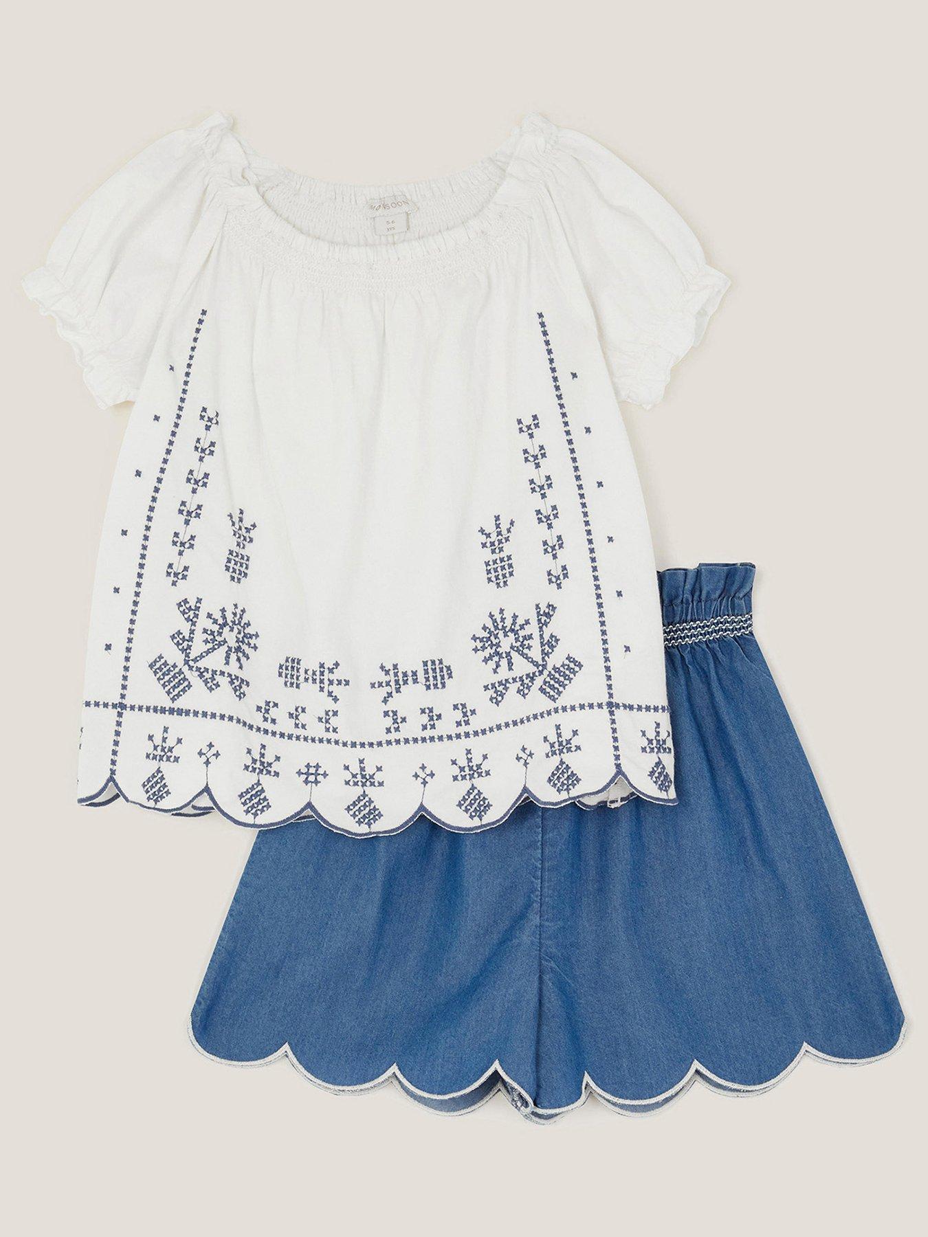 undefined Girls Embroidered Jersey Top and Shorts Set - Blue