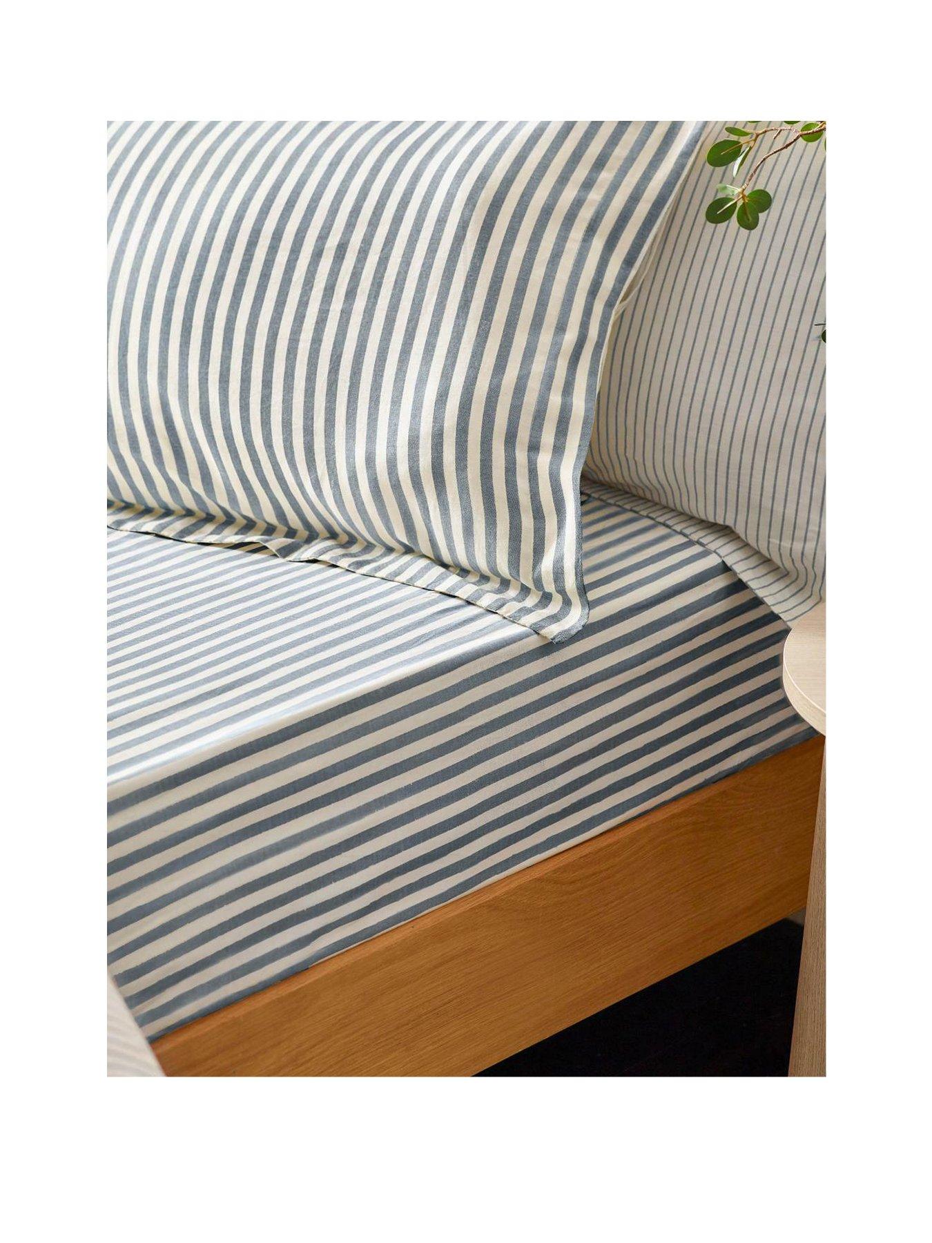  image of yard-hebden-stripe-100-cotton-fitted-sheets-or-pillowcases-navy