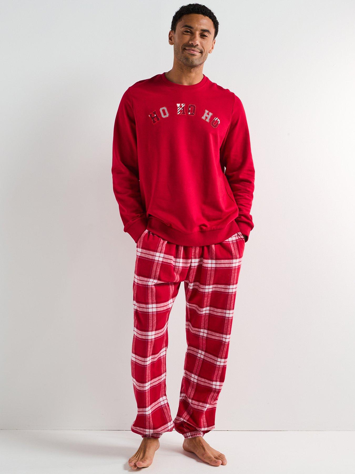Image 2 of 7 of The Very Collection Mens Family Christmas Pj Jolly Brushed Back Sweat And Woven Bottom Set - Red