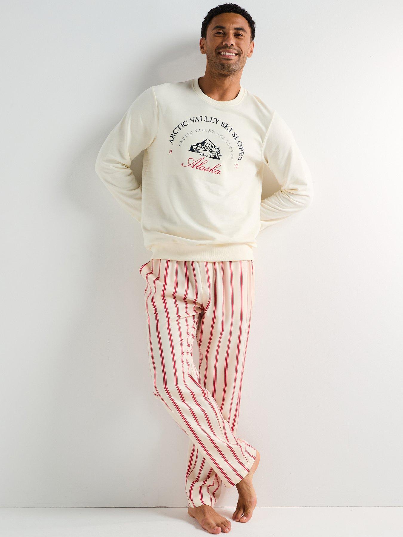  image of the-very-collection-mens-family-christmas-pj-embroided-brushed-sweat-and-woven-bottom-cream