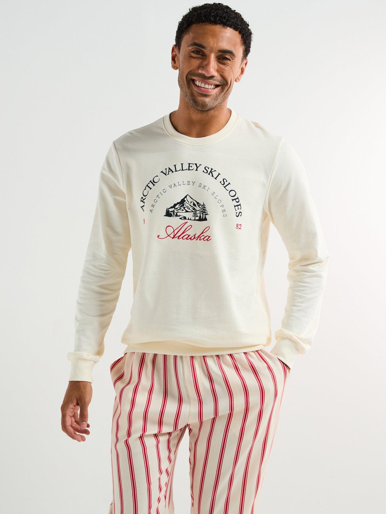  image of the-very-collection-mens-family-christmas-pj-embroided-brushed-sweat-and-woven-bottom-cream