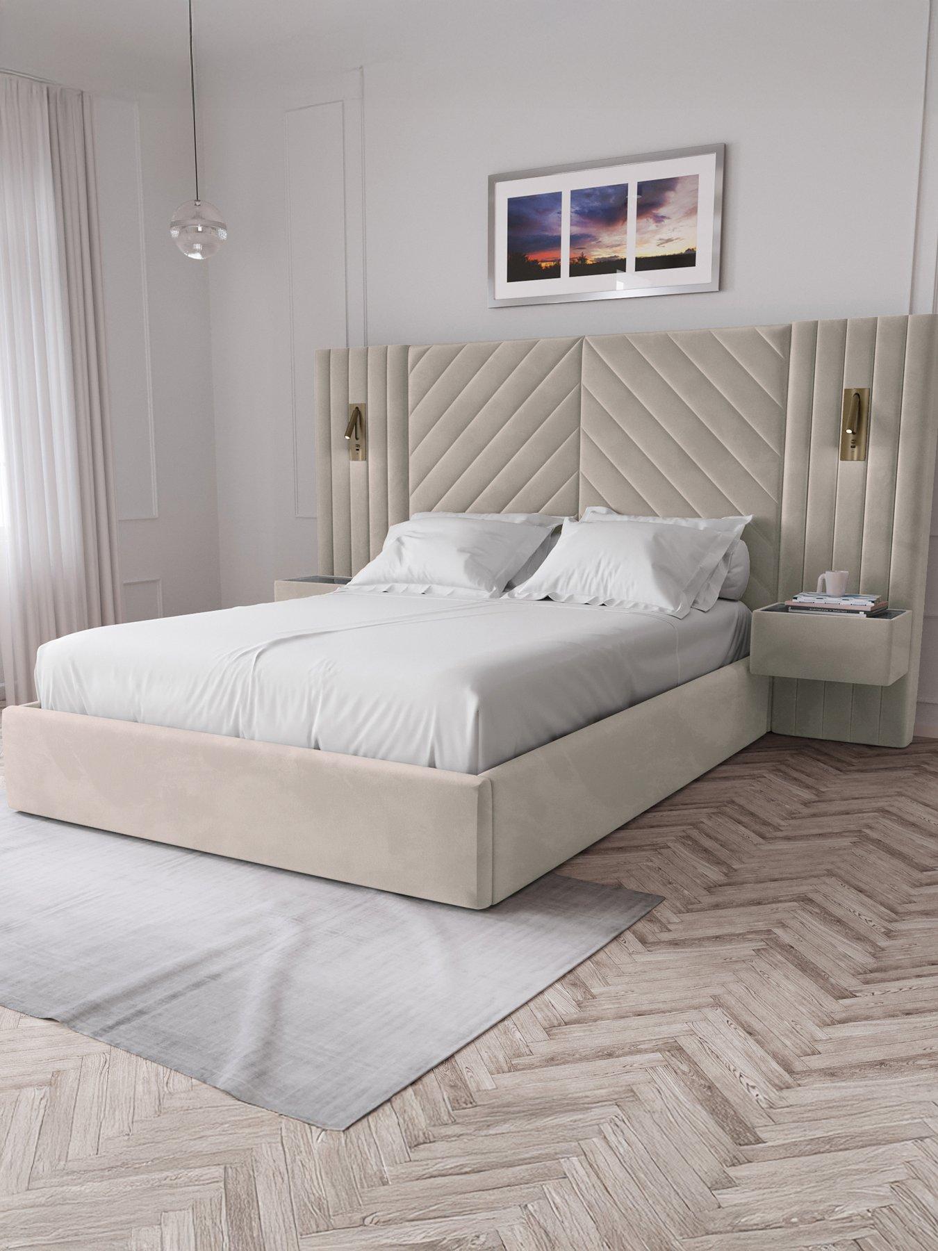 The Very Collection Torrance Bed with Built-In Side Tables and Lights with Mattress Options (Buy  &  SAVE!) - Cream