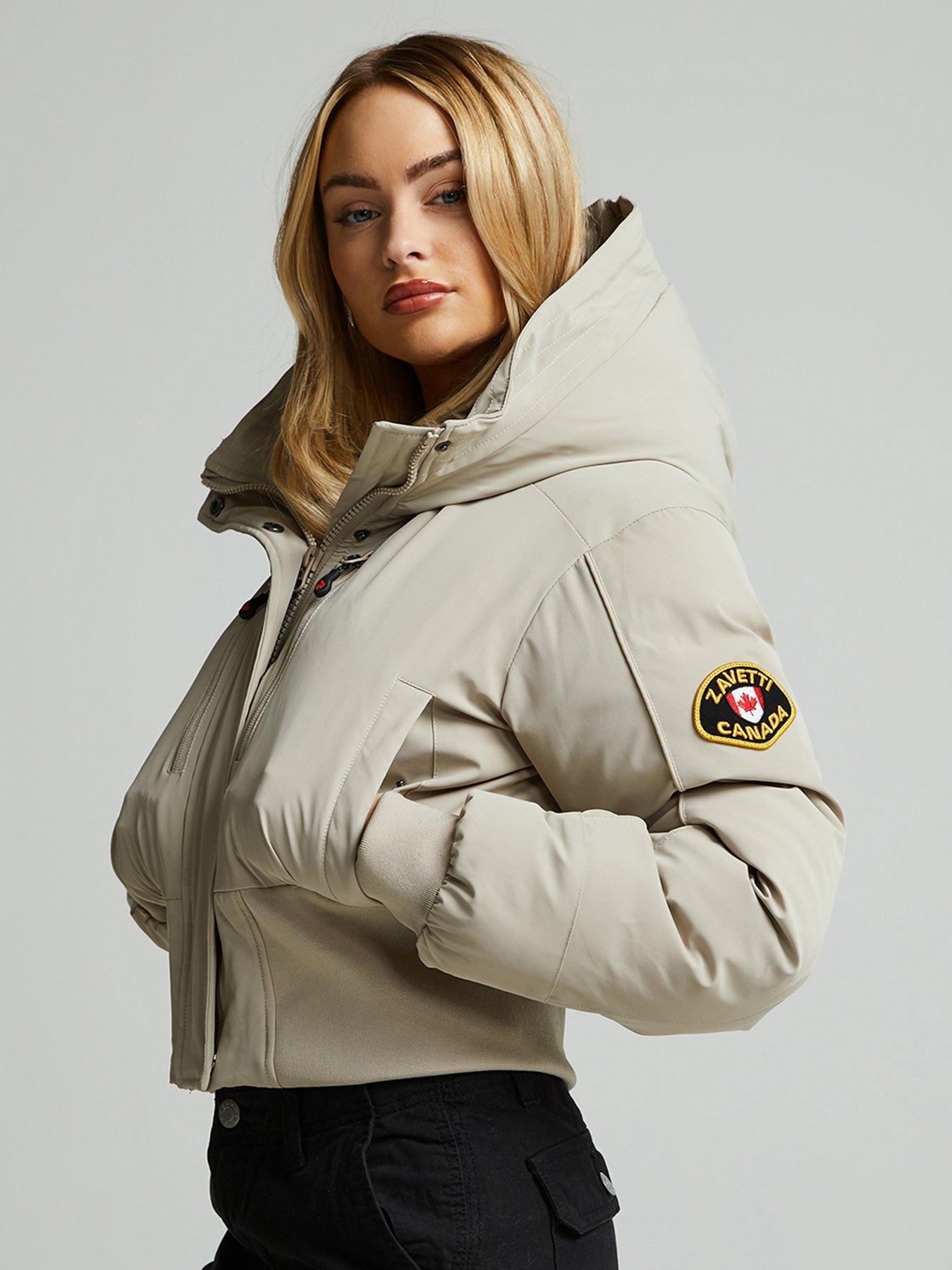 undefined Ossani Split Hood Crop Puffer Bomber Jacket - Beige