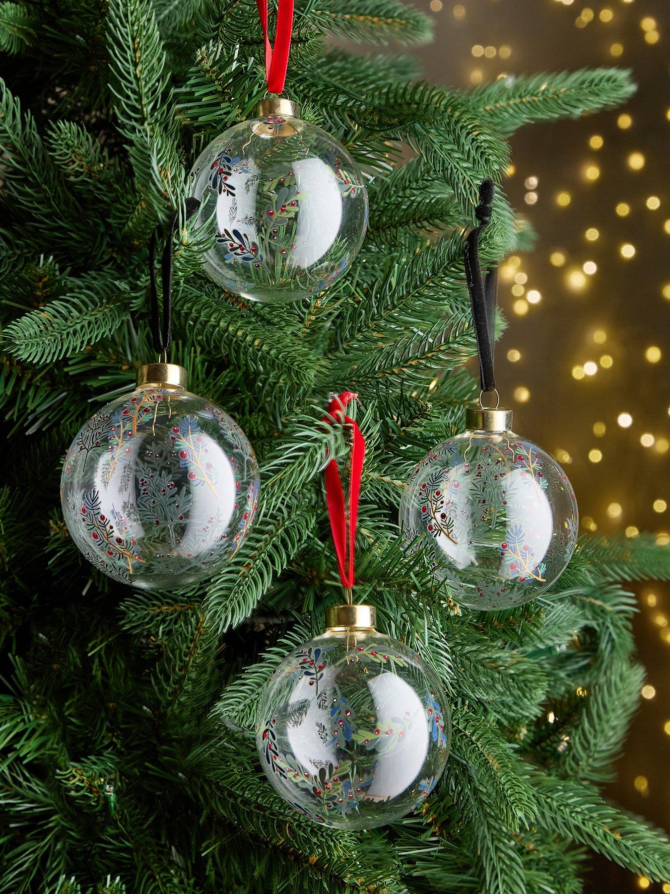 Very Home Set of 4 Folk Glass Christmas Tree Baubles