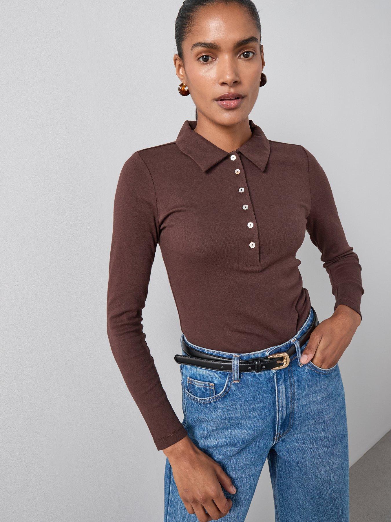 Image 1 of 6 of The Very Collection Long Sleeve Button Collar Top - Brown