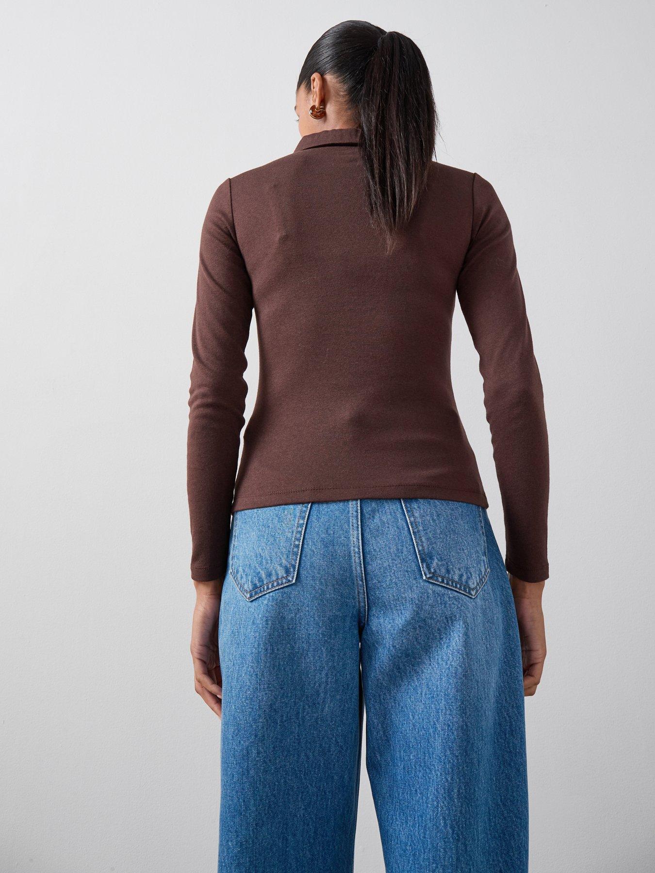 Image 2 of 6 of The Very Collection Long Sleeve Button Collar Top - Brown