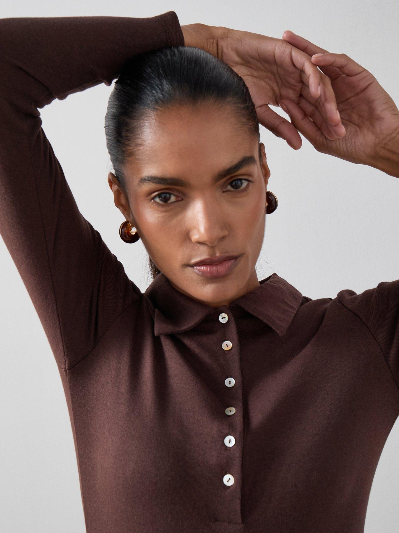 Image 4 of 6 of The Very Collection Long Sleeve Button Collar Top - Brown