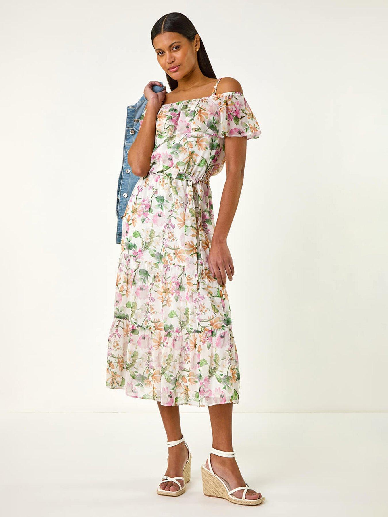 undefined Floral Print Bardot Midi Dress - Cream