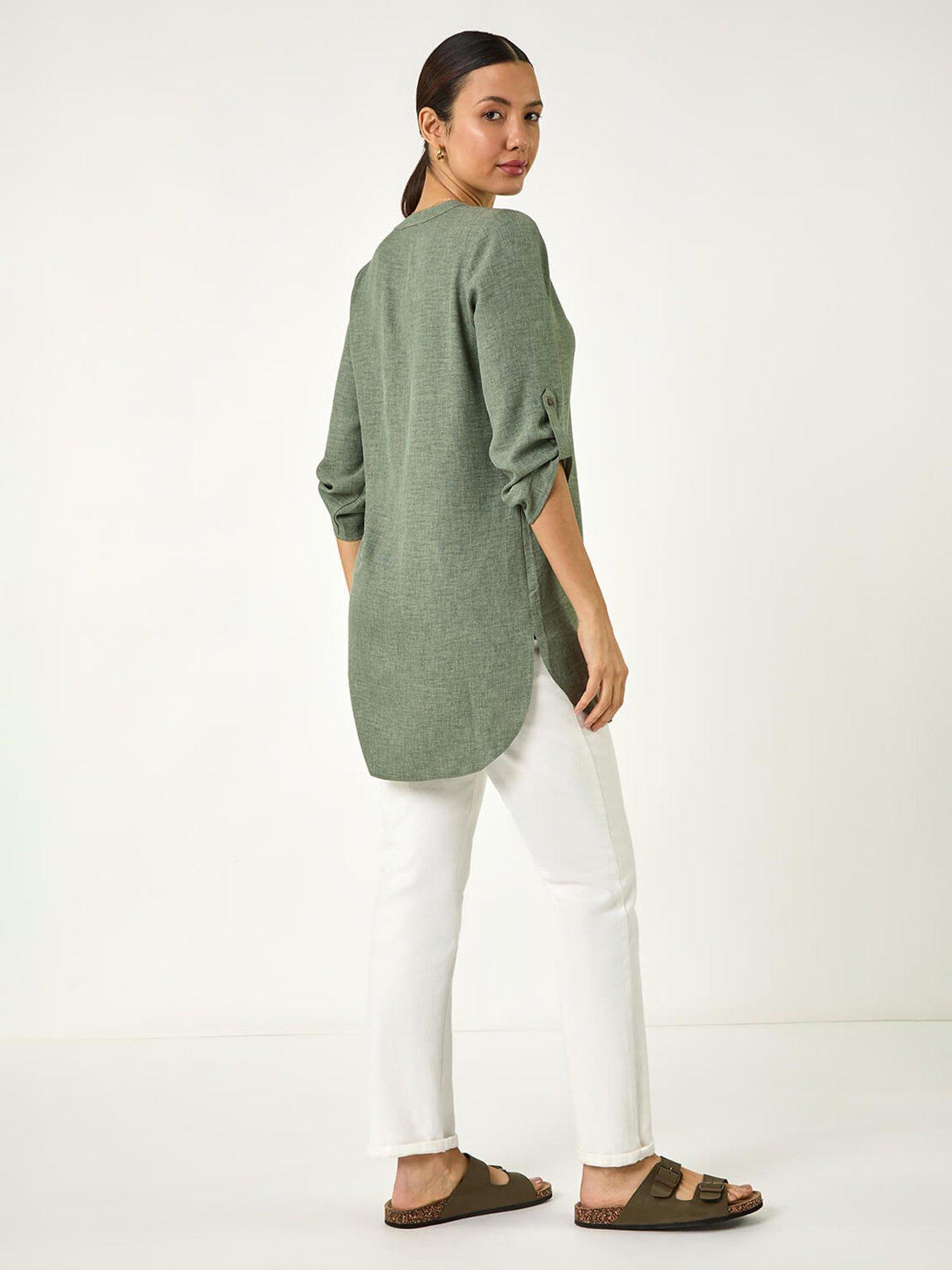 stillFront image of roman-longline-v-neck-button-tunic-top-sage