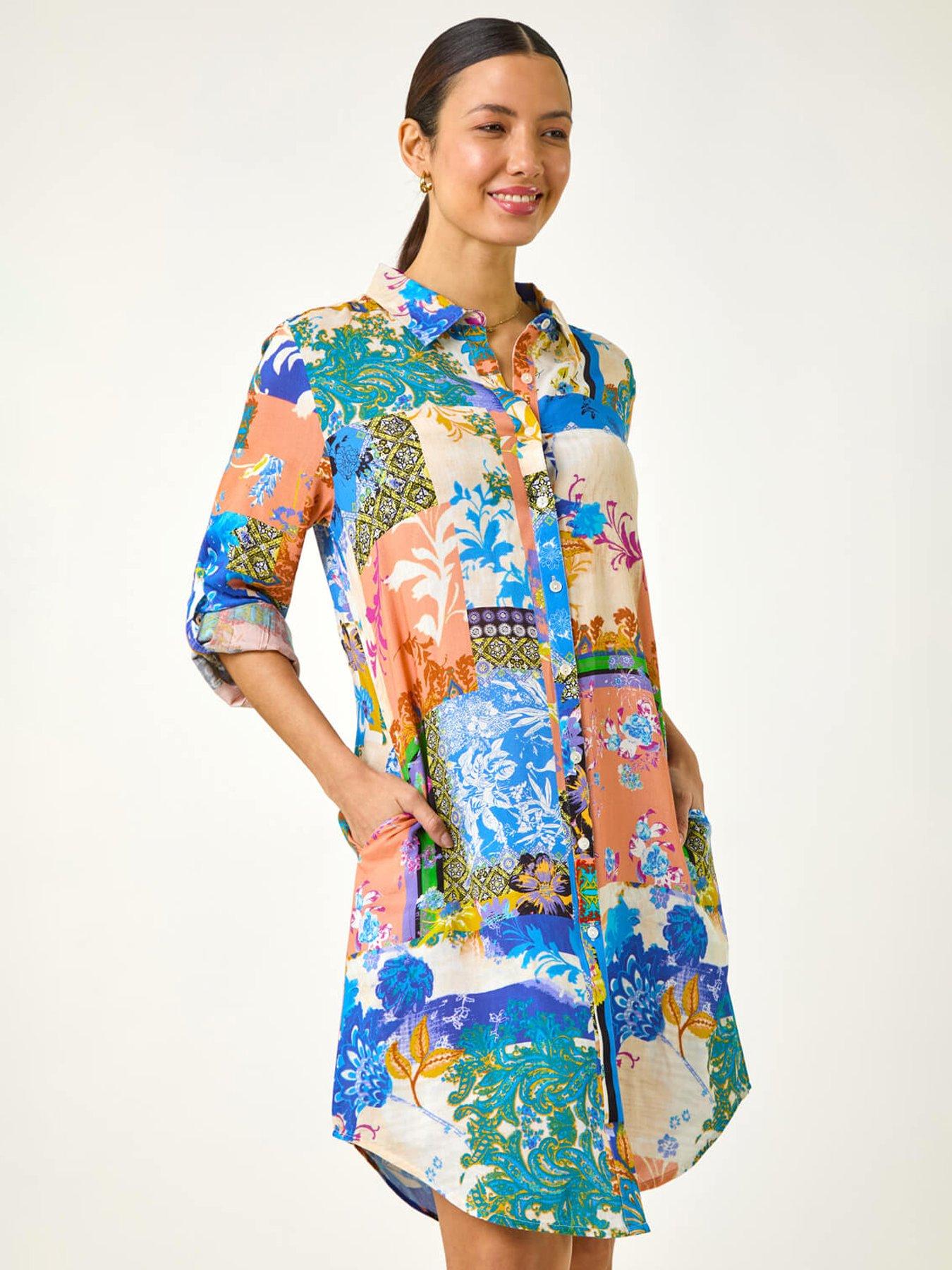 Image 3 of 5 of Roman Abstract Collared Shirt Dress - Blue