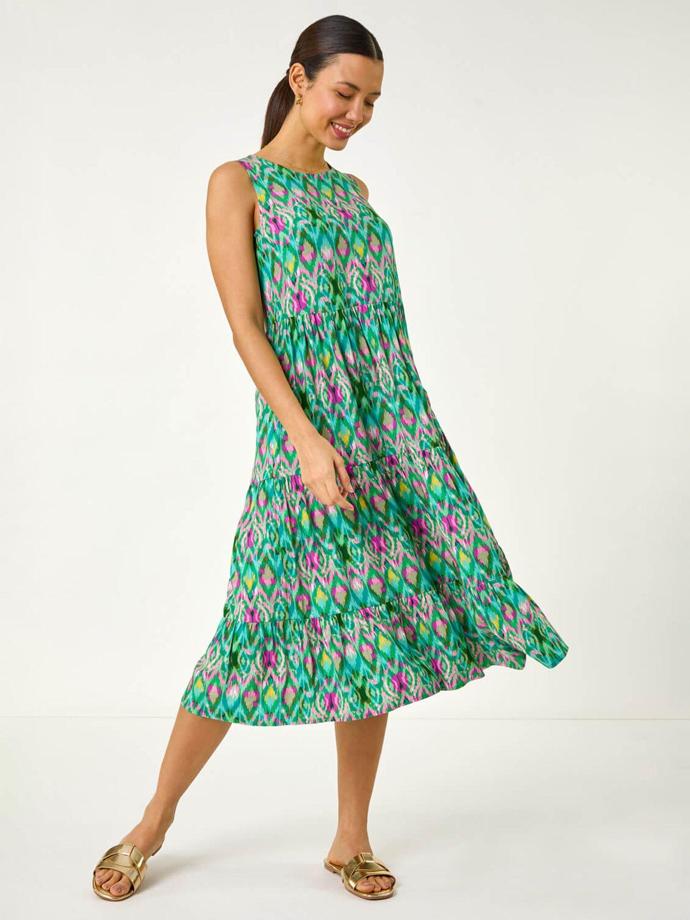  image of roman-abstract-print-smock-midi-dress-green